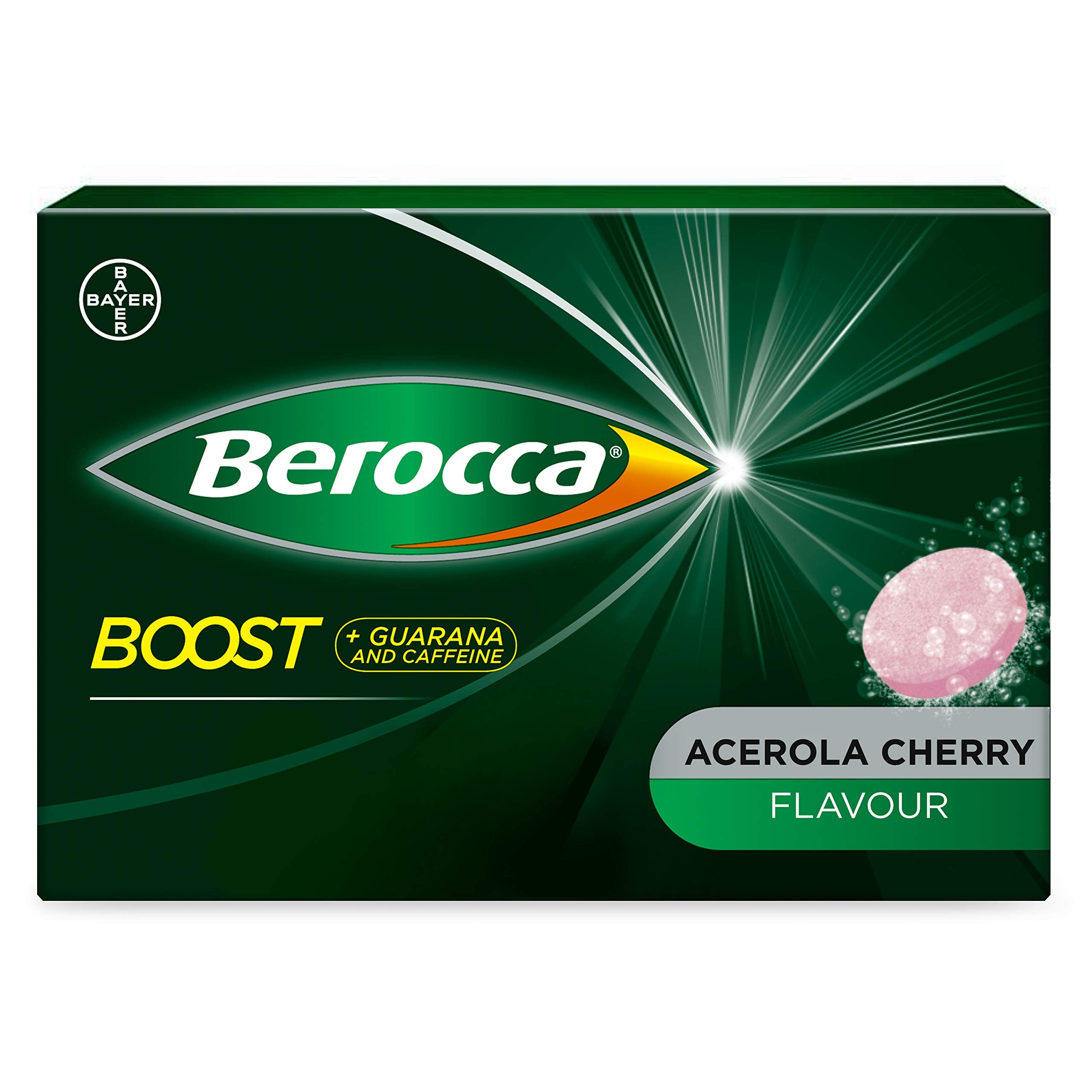 Berocca envase frontal mostrando 20 comprimidos y beneficios rápidos