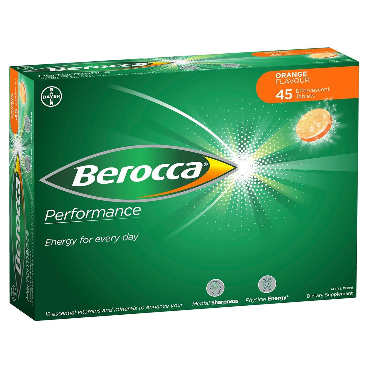 Berocca caja frontal mostrando 45 tabletas y beneficios visibles