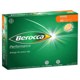 Berocca caja frontal mostrando 45 tabletas y beneficios visibles