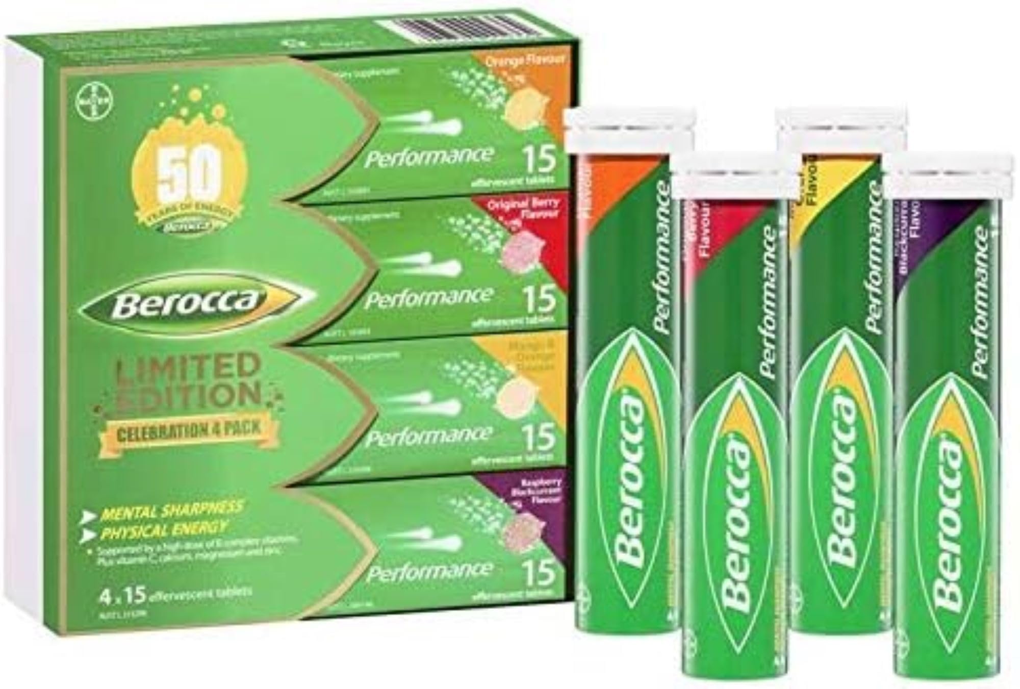 Berocca pack edición limitada frontal mostrando 60 tabletas y sabores variados, beneficio conveniencia