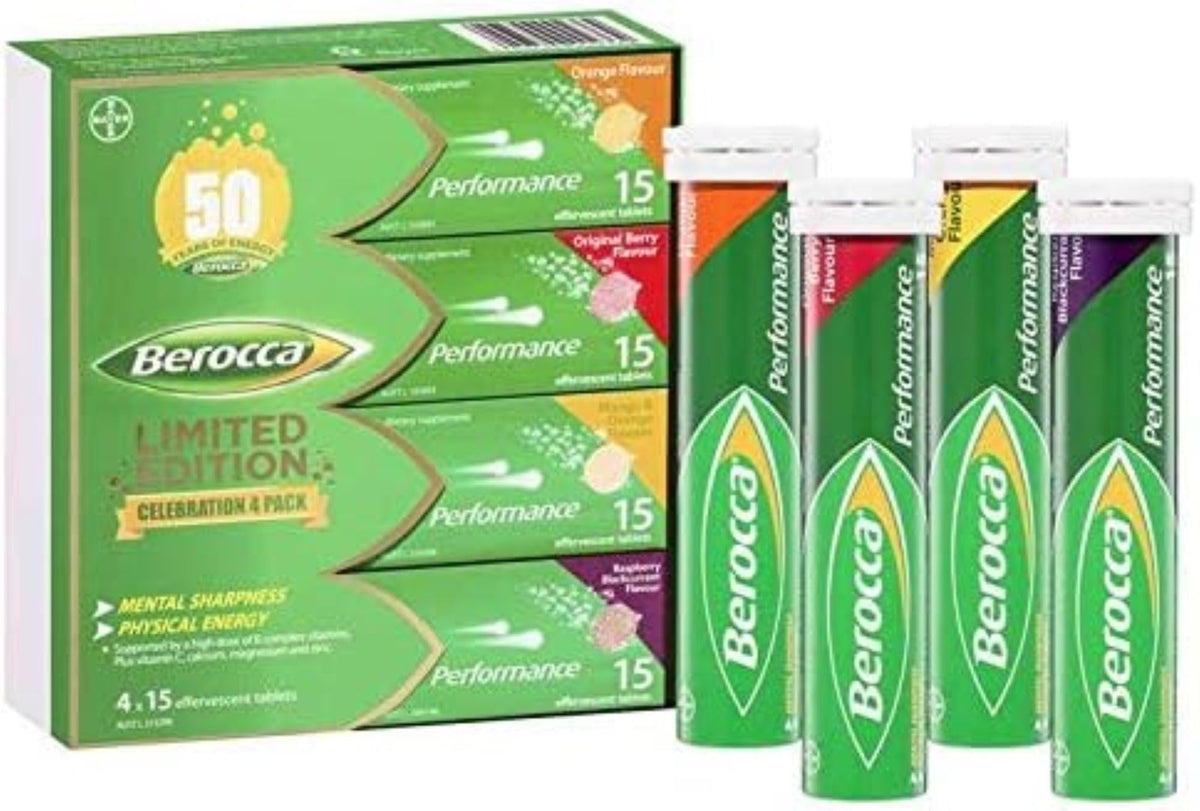 Berocca pack edición limitada frontal mostrando 60 tabletas y sabores variados, beneficio conveniencia