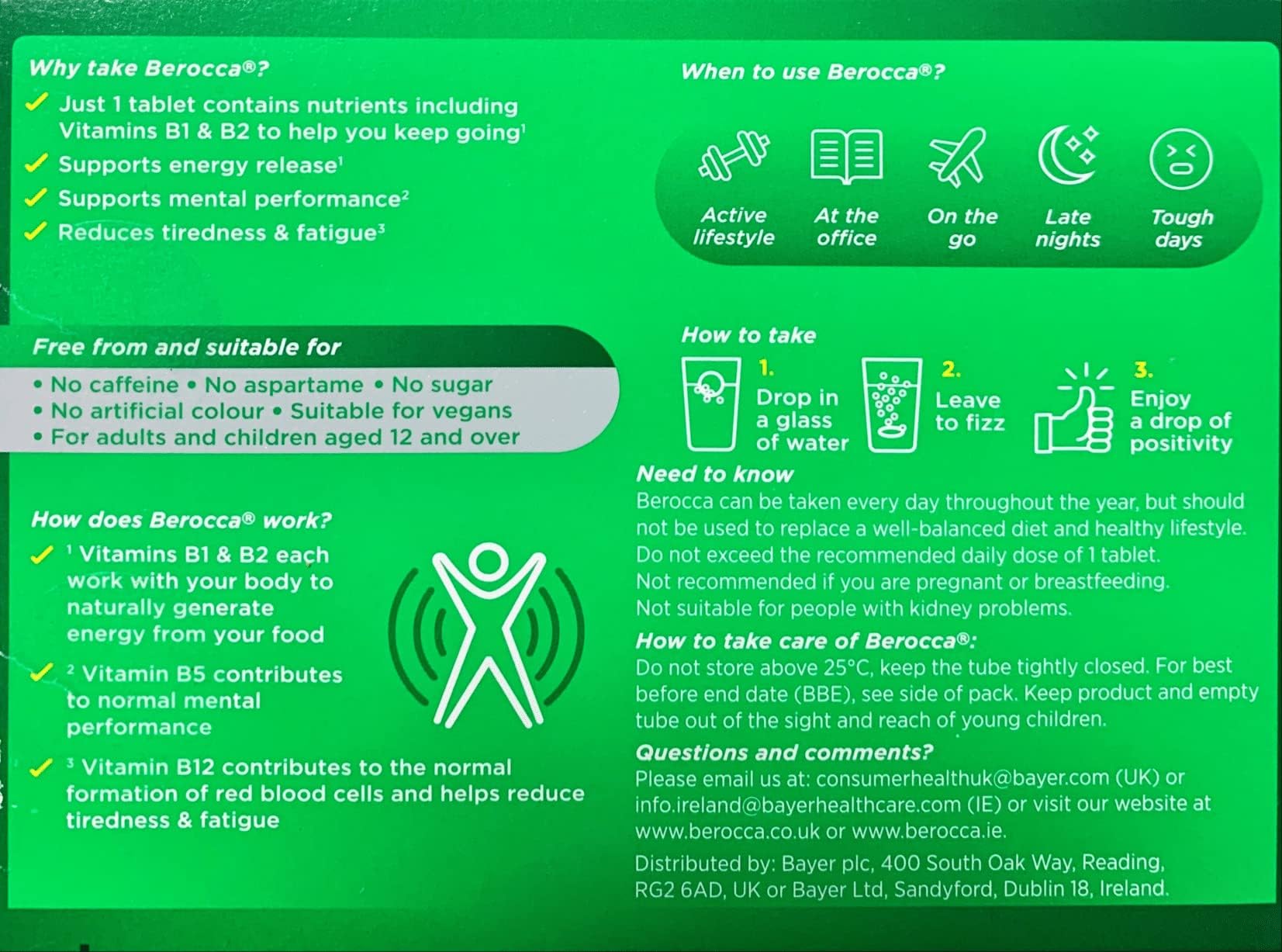 Etiqueta de Berocca mostrando lista de vitaminas y minerales