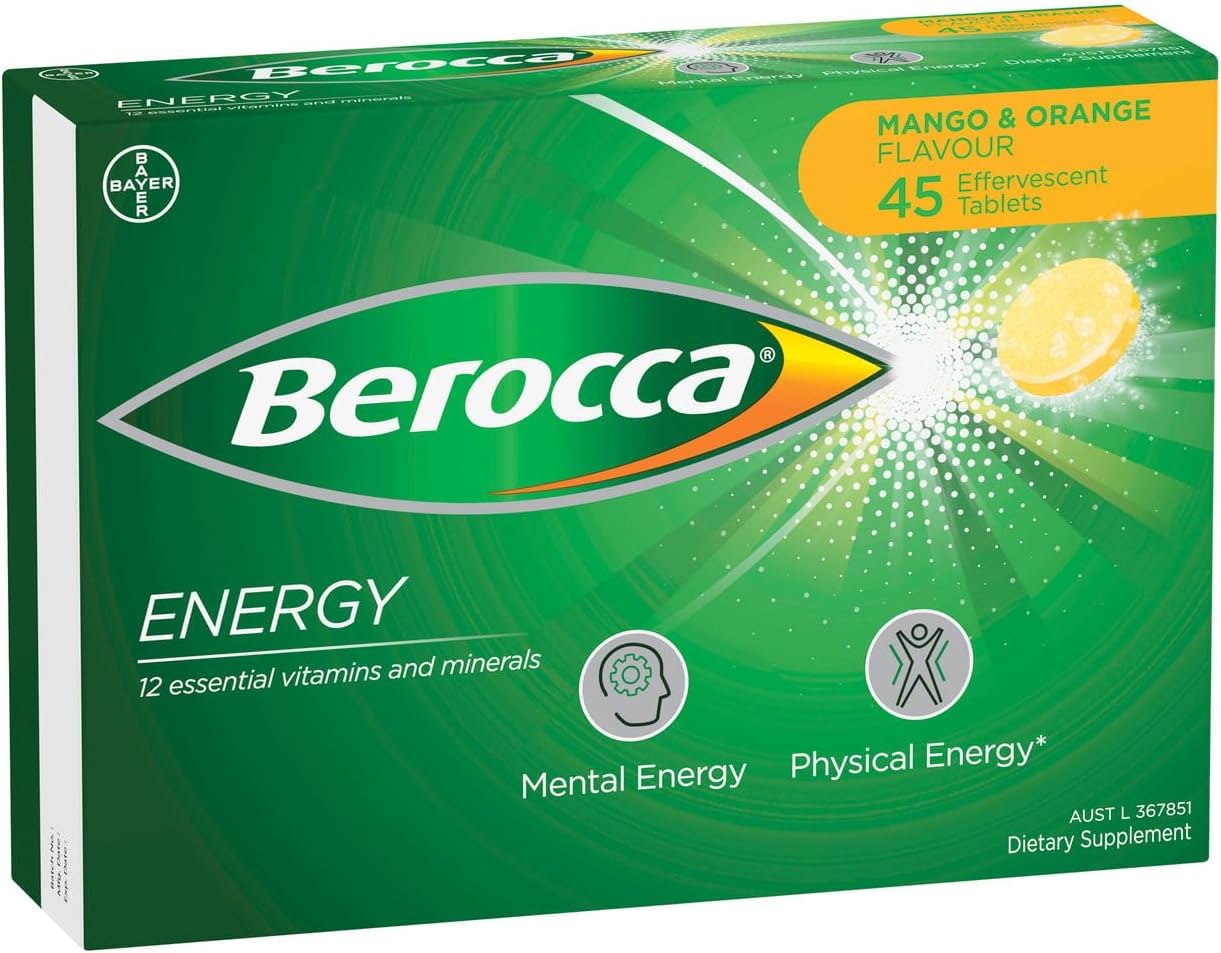 Berocca tubo frontal con 45 tabletas mostrando el envase y conveniencia
