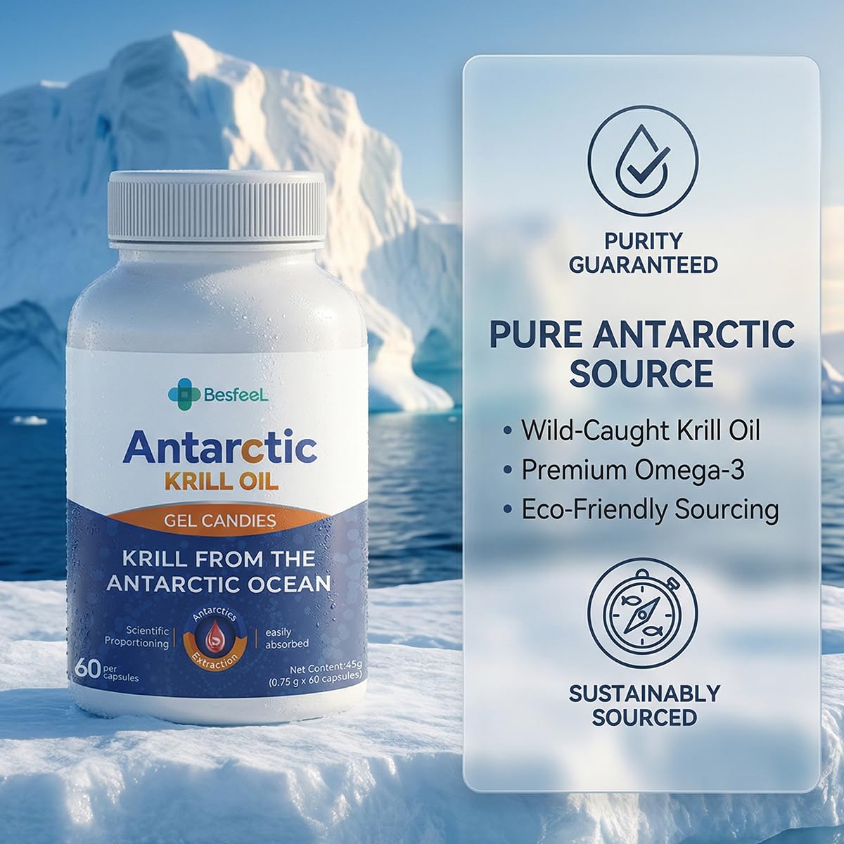 Besfeel gota de aceite de krill destacando color y estabilidad antioxidante