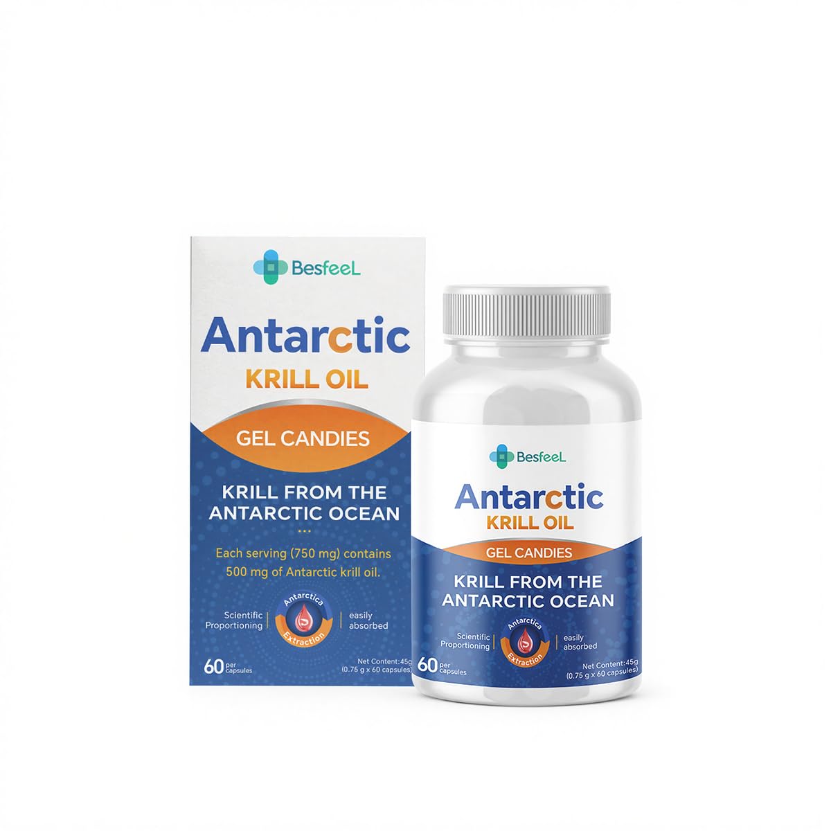 Besfeel frasco frontal de krill oil mostrando presentación 60 cápsulas y pureza