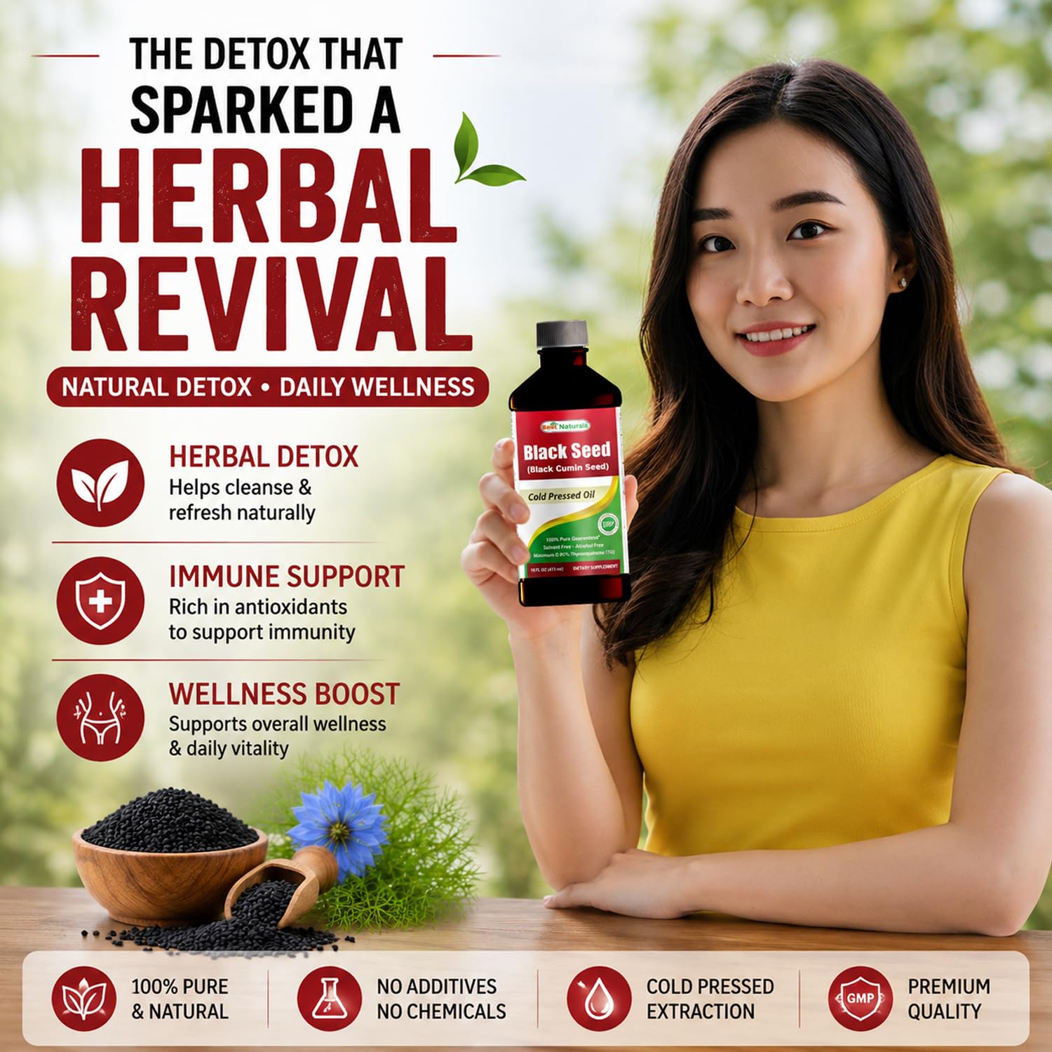 Best Naturals botella colocada en cocina, sugiere uso diario fácil