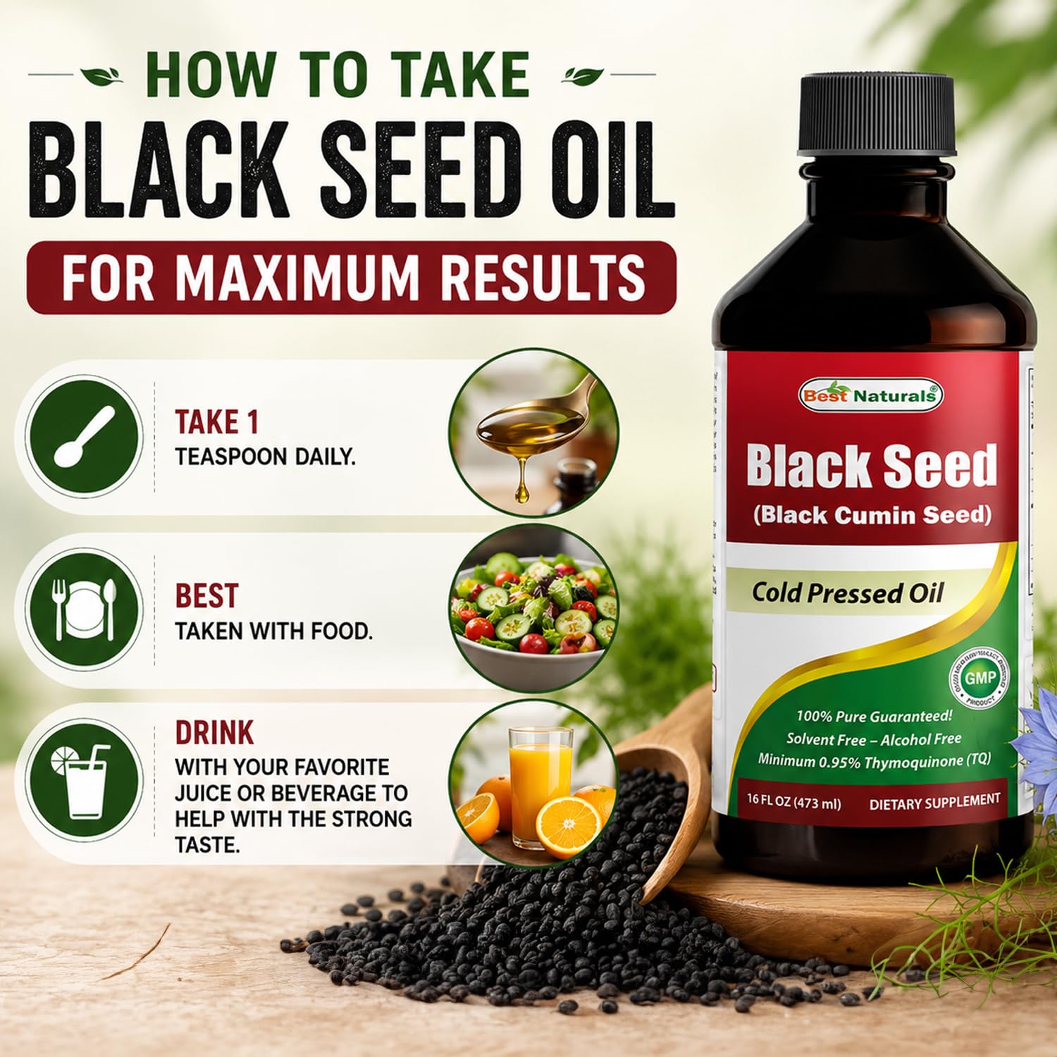 Best Naturals botella junto a una regla comparando tamaño 16 oz