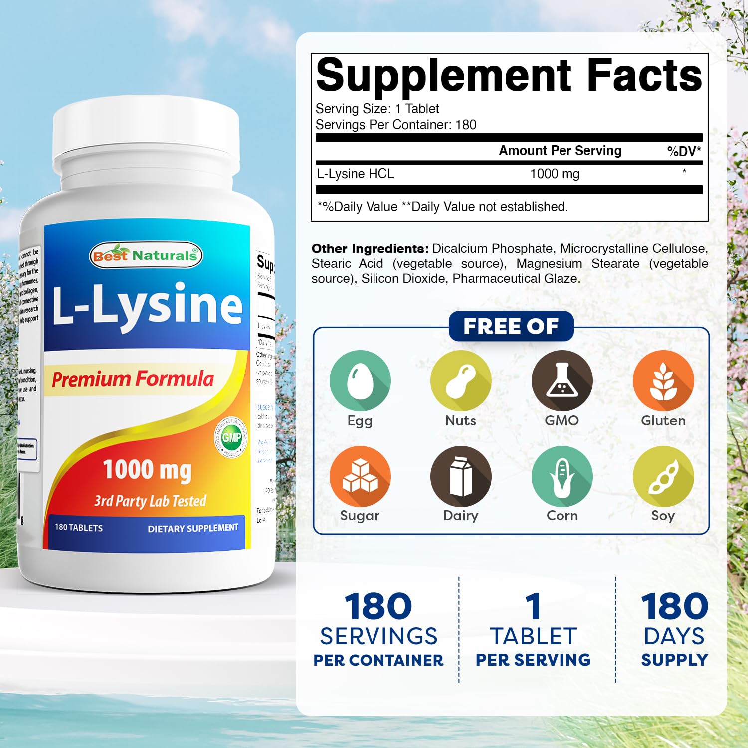 Best Naturals etiqueta legible que destaca 1000 mg y 180 tabletas