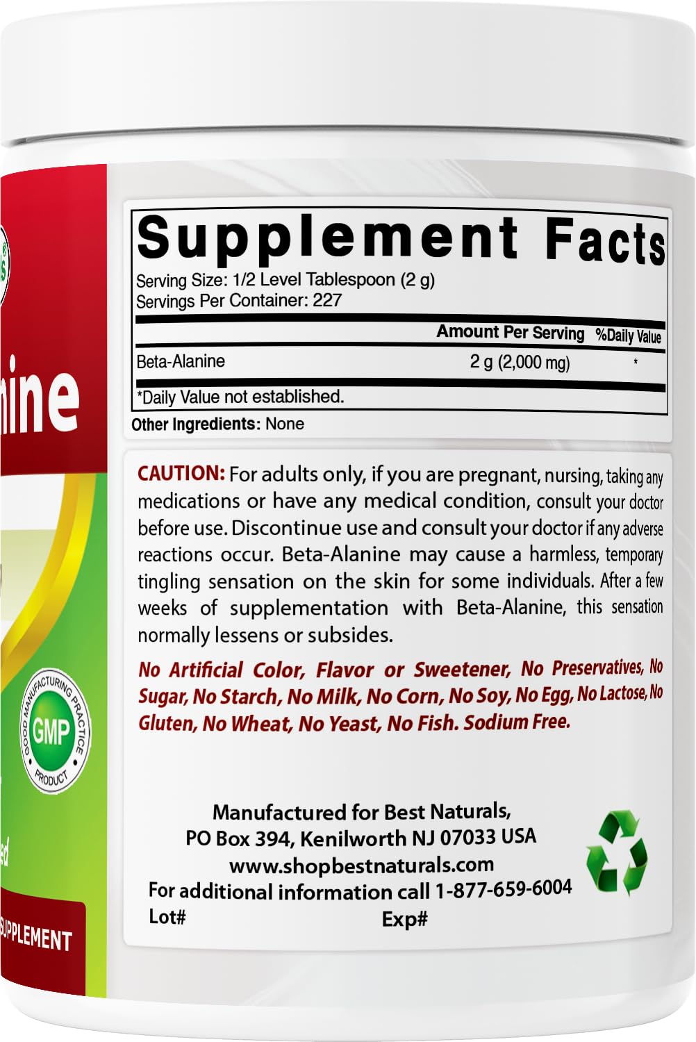 Best Naturals etiqueta nutricional con detalles de 2,000 mg por porción