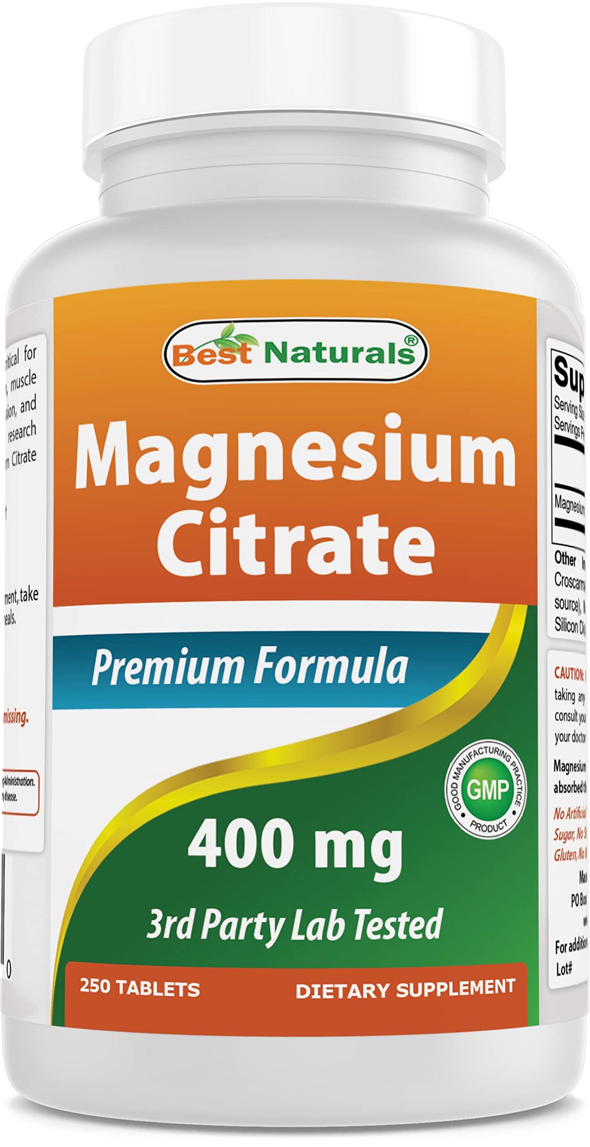 Best Naturals envase frontal del citrato de magnesio 250 tabletas que muestra la marca y beneficios