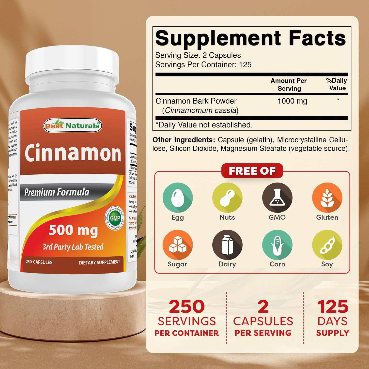 Best Naturals cápsula de canela en mano, muestra dosificación confiable