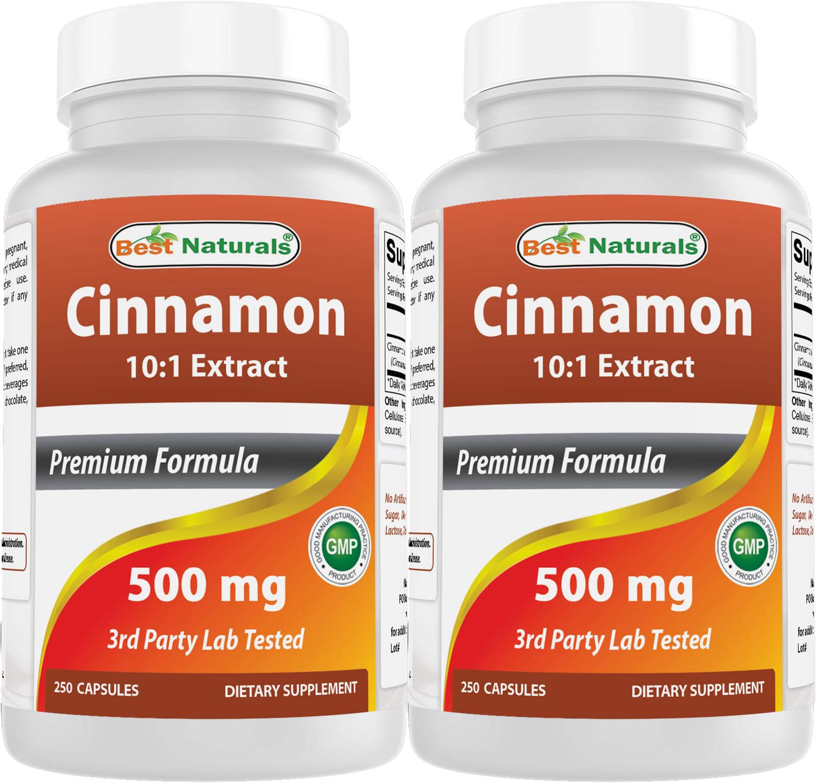 Best Naturals frasco de canela 500 mg, vista frontal y práctico suministro
