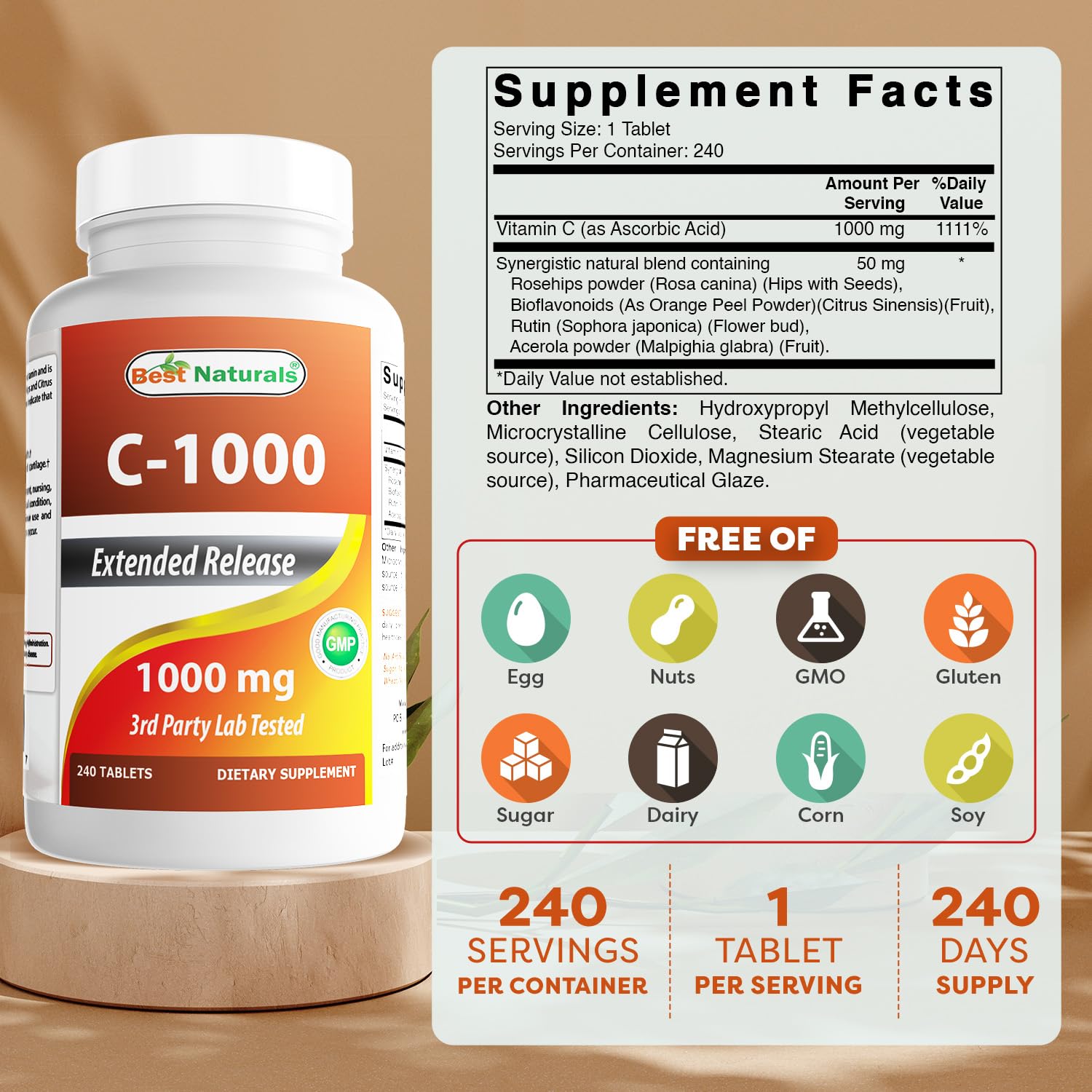 Detalle de comprimido Best Naturals mostrando textura y forma, beneficio: fácil dosificación