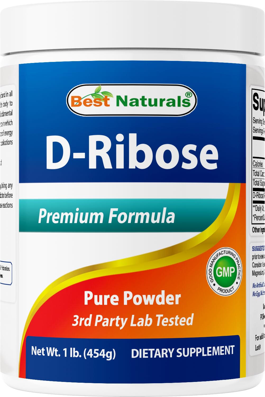 Best Naturals frasco frontal de D-ribosa, presentación de 1 libra y etiqueta clara