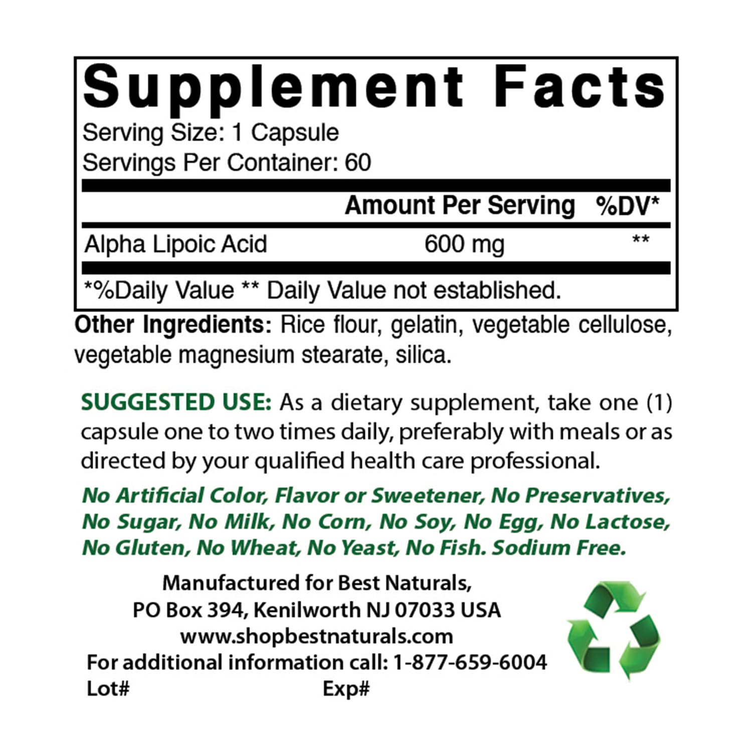 Best Naturals detalle de etiqueta con información de dosis y pureza