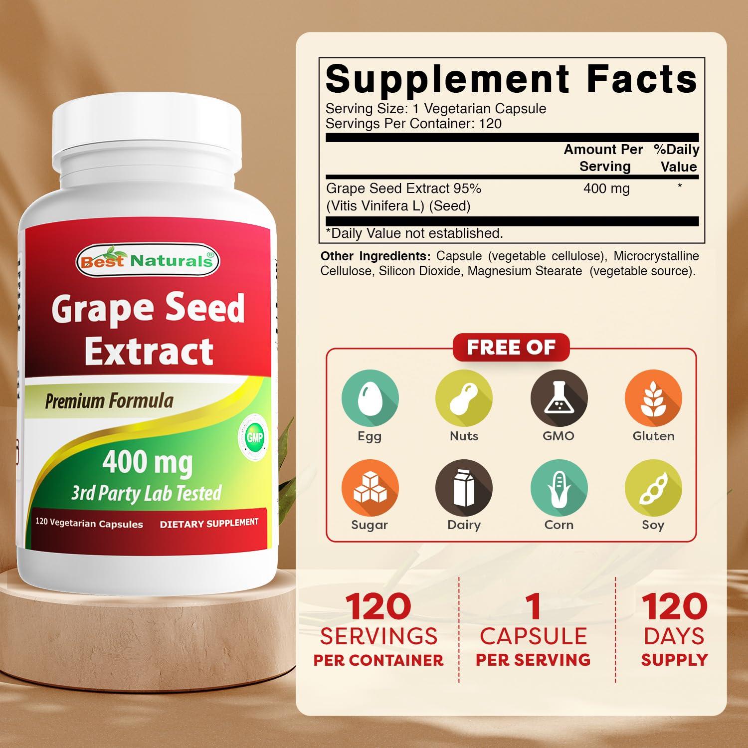 Best Naturals etiqueta con información de ingredientes y certificaciones