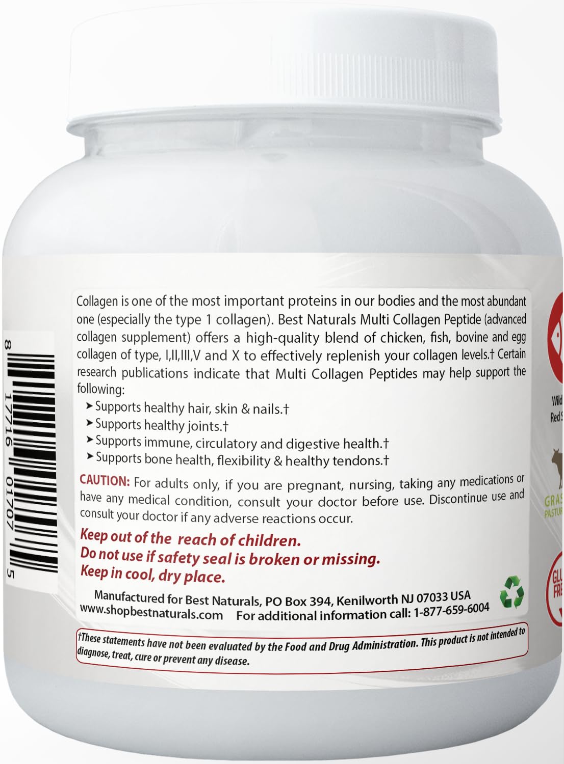 Best Naturals etiqueta con sellos GMP y libre de gluten para seguridad y transparencia