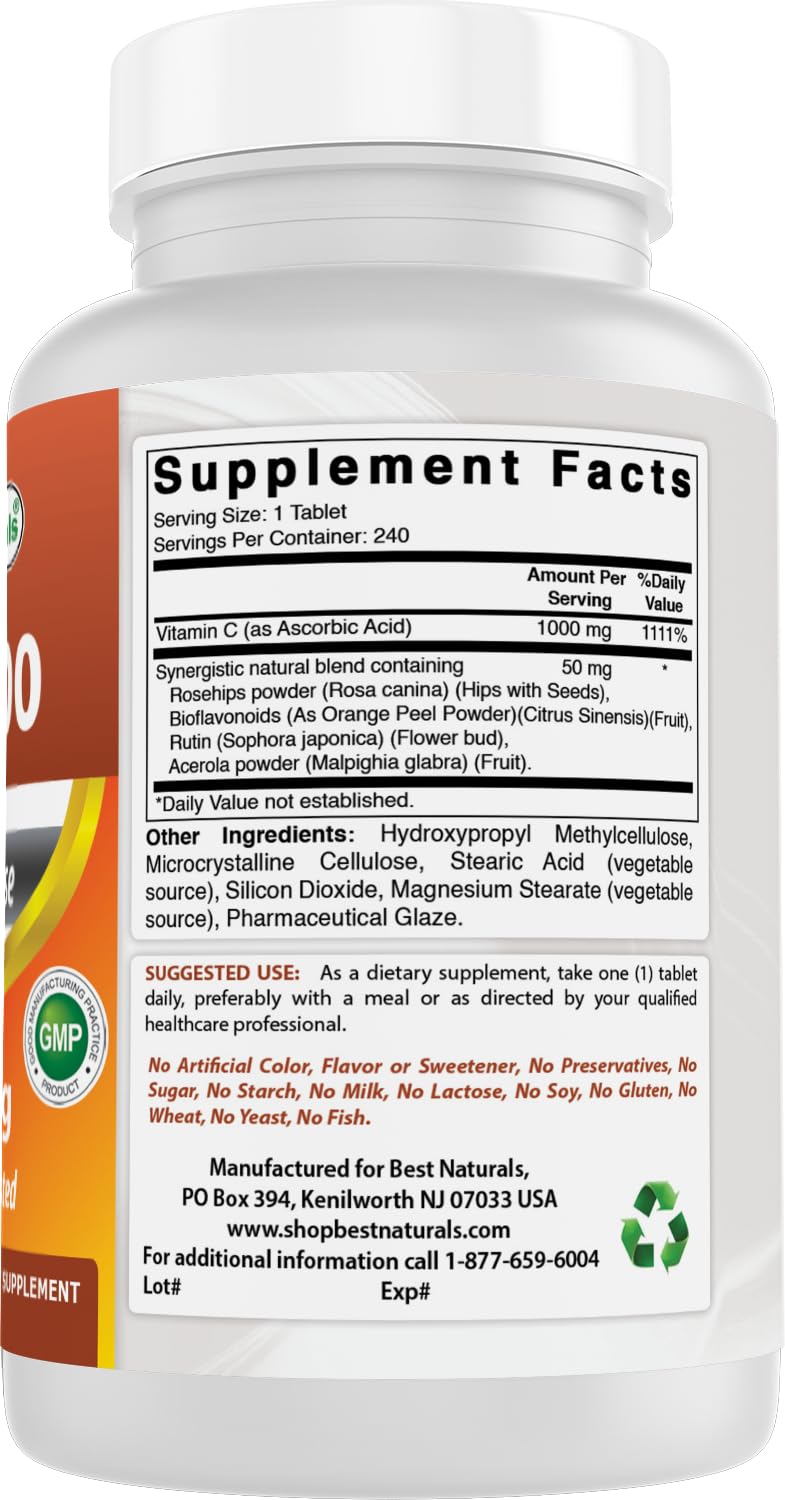 Zoom en la etiqueta nutricional de Best Naturals mostrando 1000 mg por comprimido, beneficio: transparencia de ingredientes