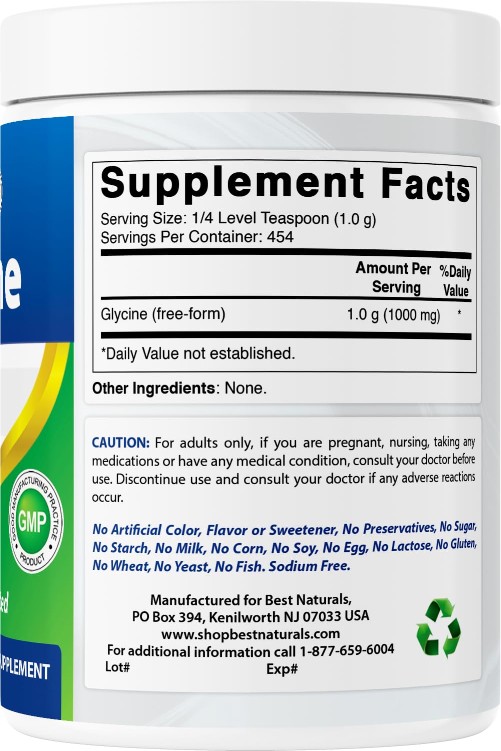 Comparación de tamaño del frasco Best Naturals Glycine en mano para visualizar porciones