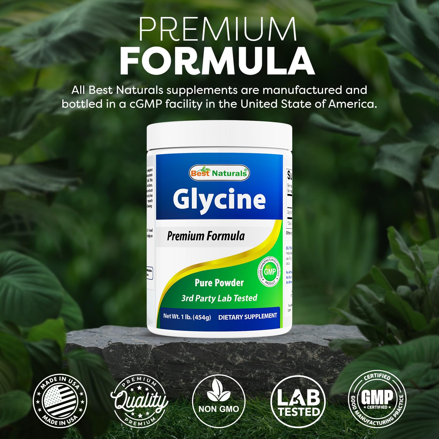 Etiqueta nutricional de Best Naturals Glycine resaltando 1000 mg por porción y pruebas de laboratorio