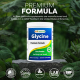 Etiqueta nutricional de Best Naturals Glycine resaltando 1000 mg por porción y pruebas de laboratorio