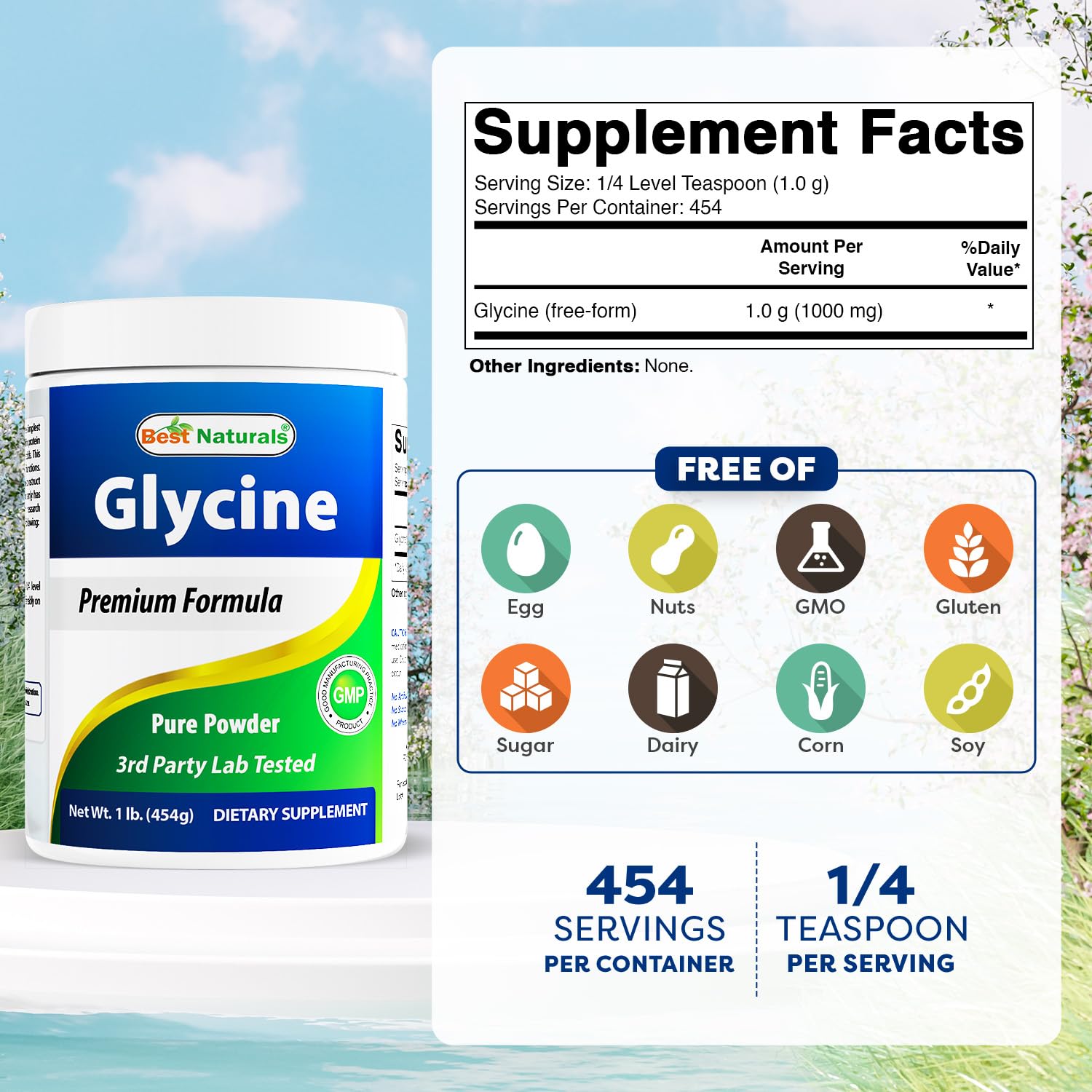 Primer plano del polvo de glicina Best Naturals mostrando textura fina y mezcla fácil