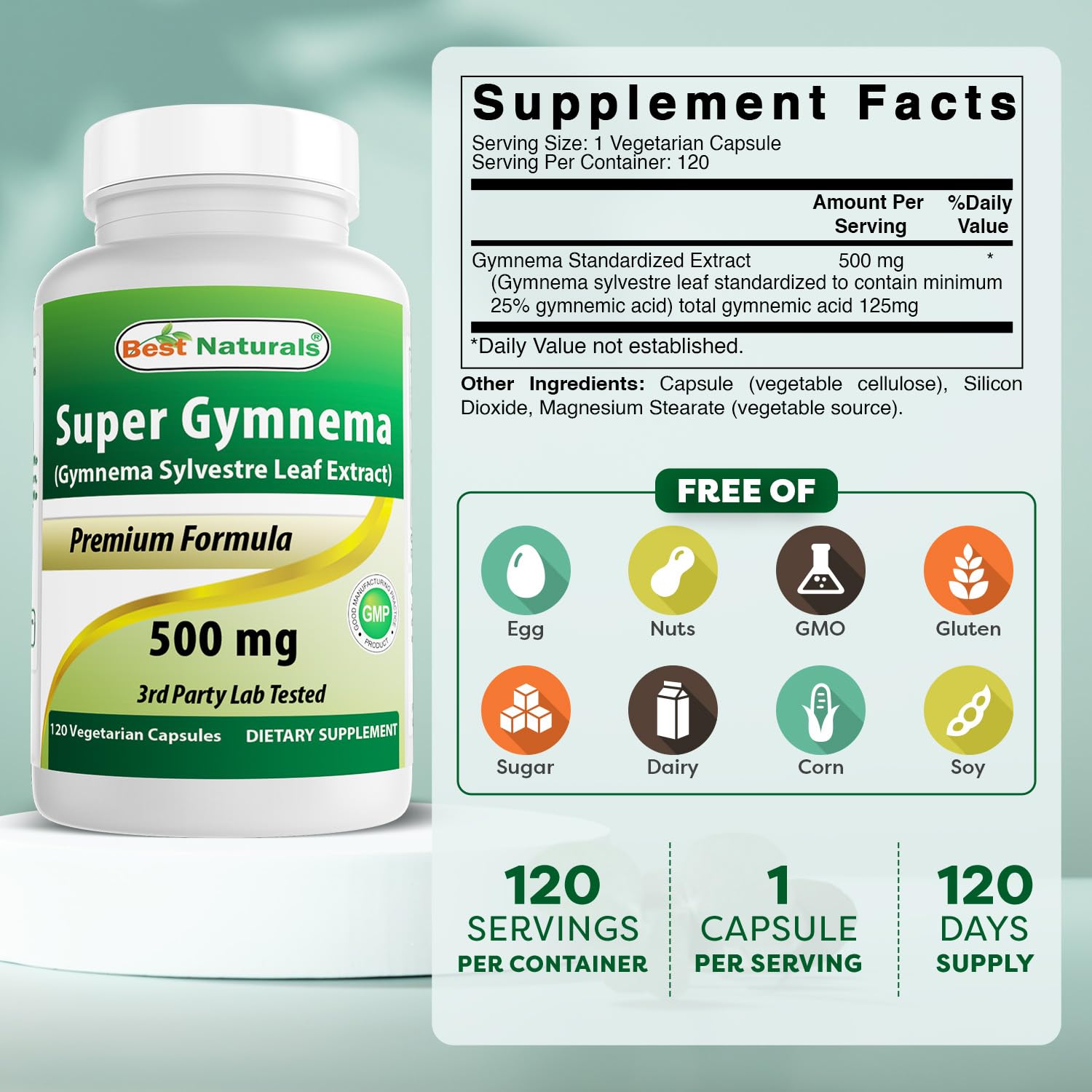 Best Naturals etiqueta lateral mostrando ingredientes y estandarización al 25% gymnemic acid
