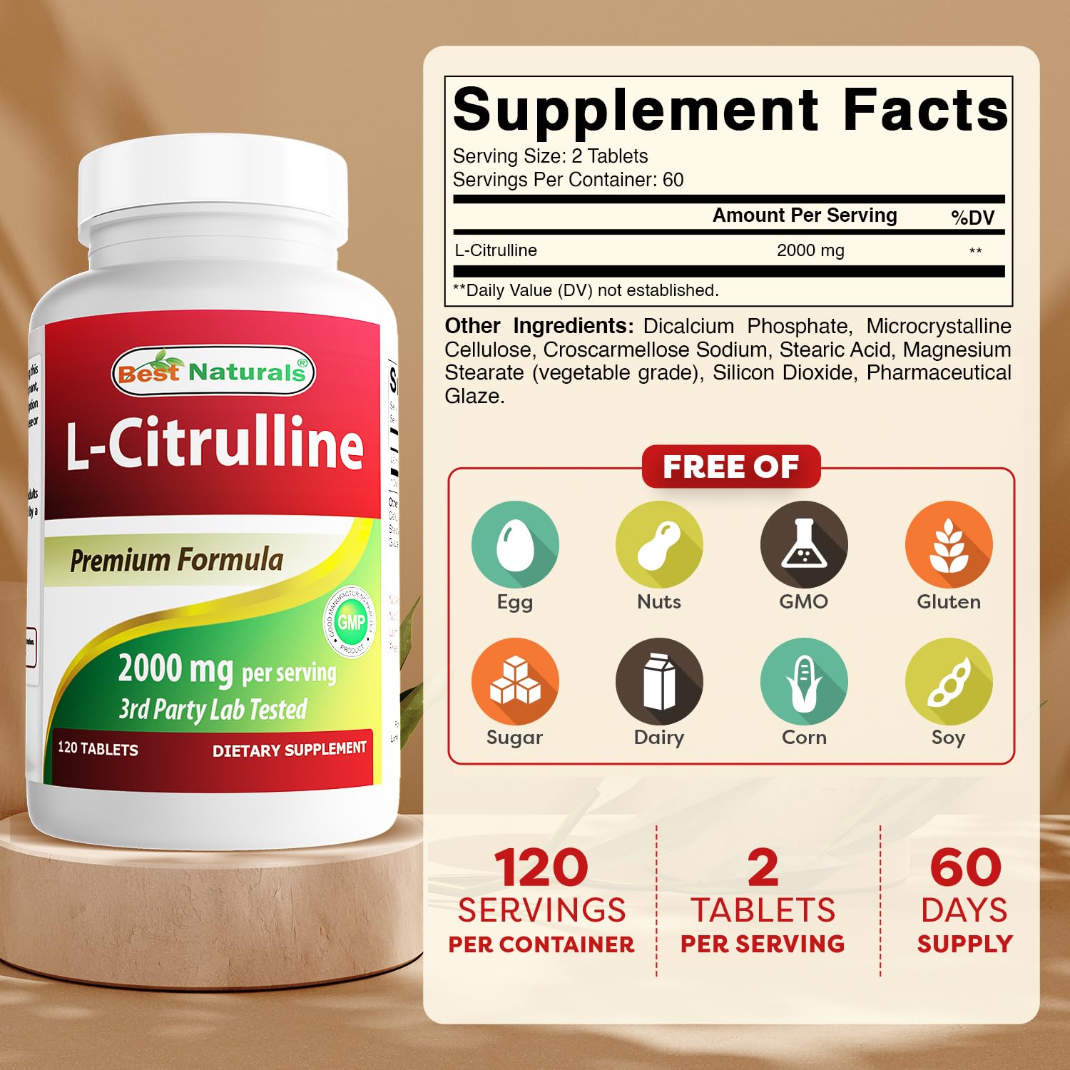 Detalle de tabletas de Best Naturals L-Citrulline mostrando textura y tamaño de la pastilla