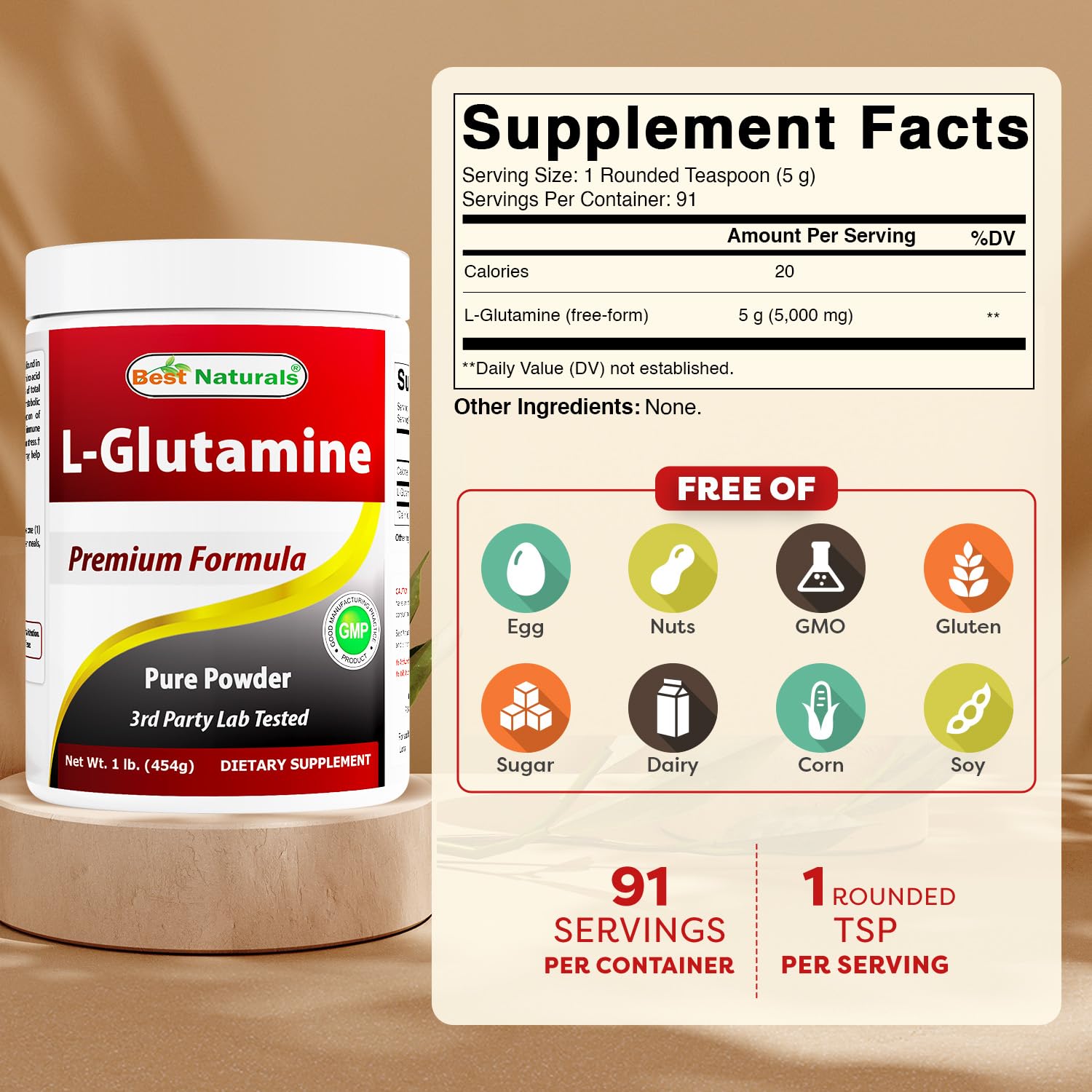 Best Naturals polvo de L-glutamina detalle de textura, fácil disolución visible