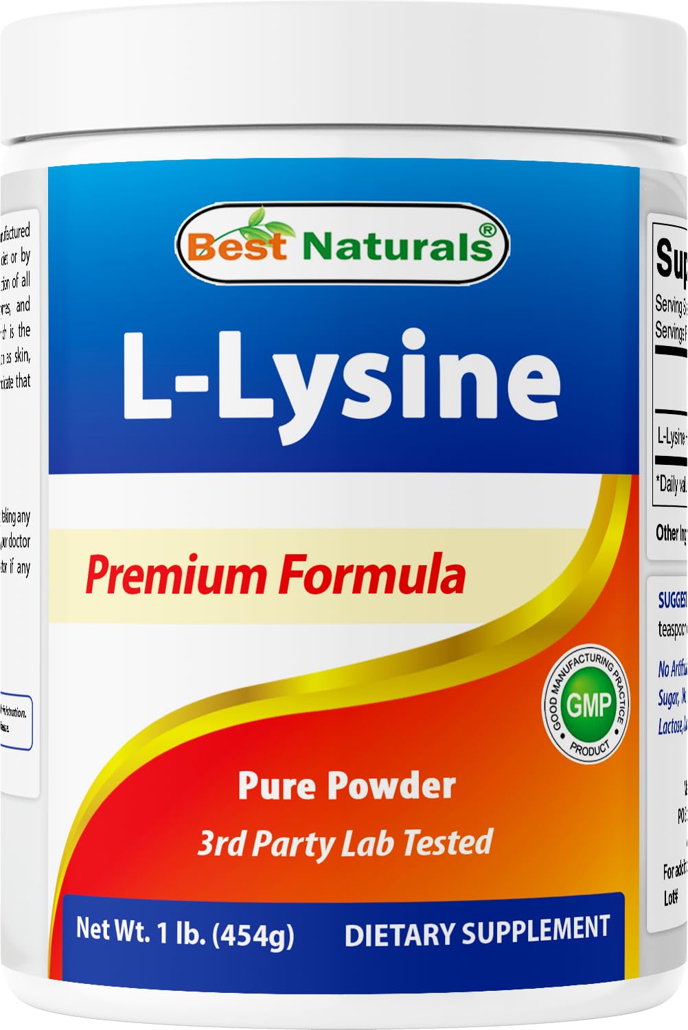 Best Naturals envase frontal de lysine powder mostrando diseño y tamaño