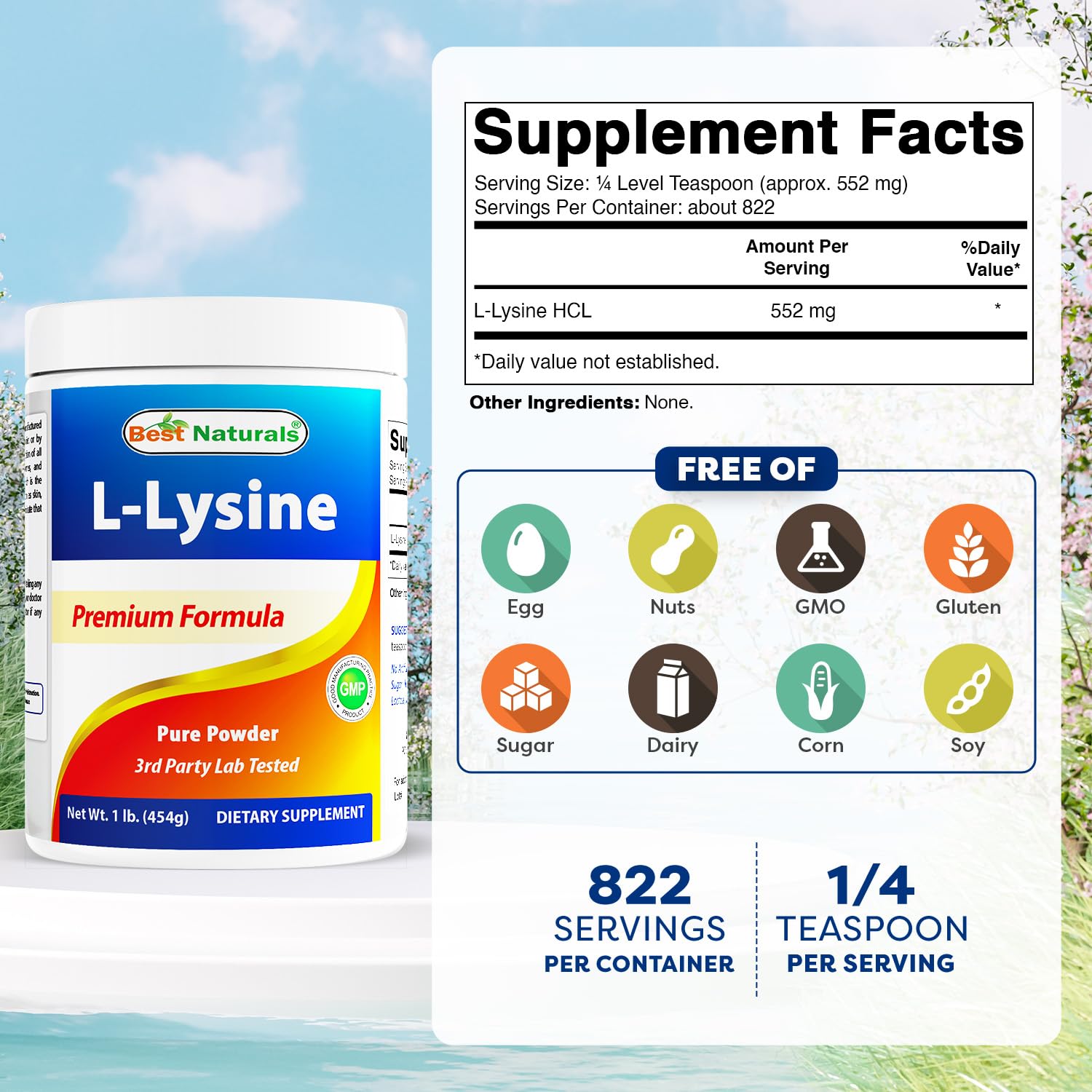 Close-up de textura de Best Naturals Lysine Powder que facilita medición precisa