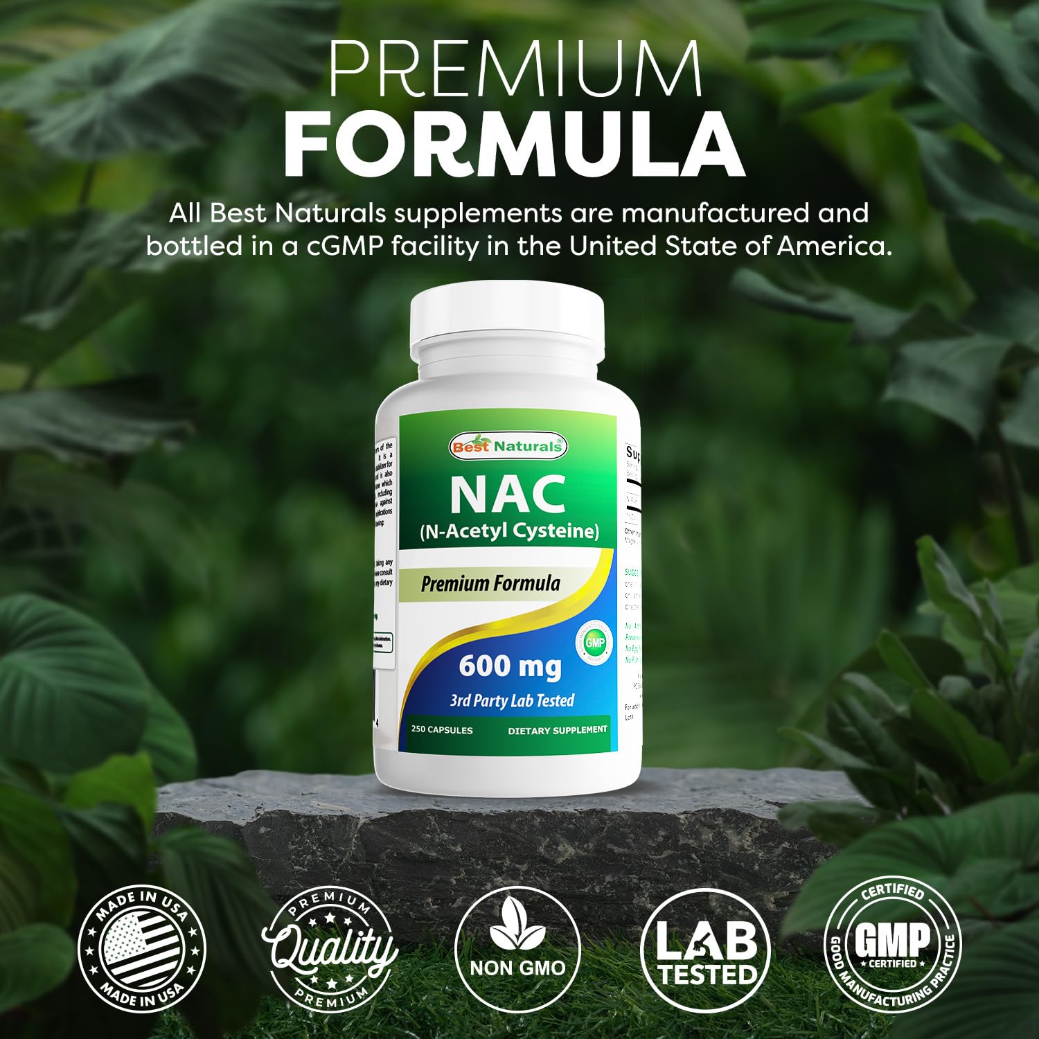 Best Naturals frasco junto a una regla para comparar escala y cantidad