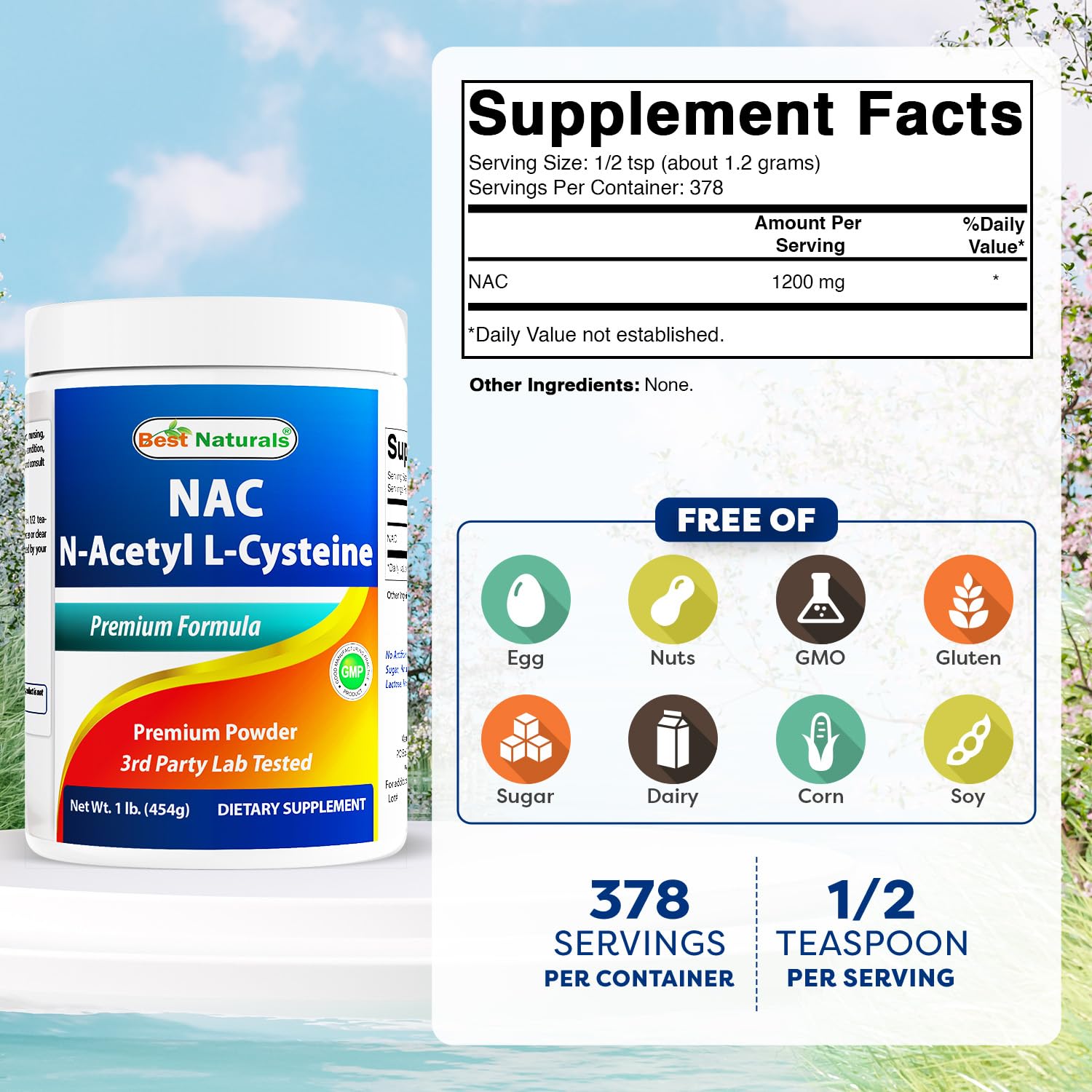 Detalle del polvo NAC Best Naturals que muestra textura fina y pureza