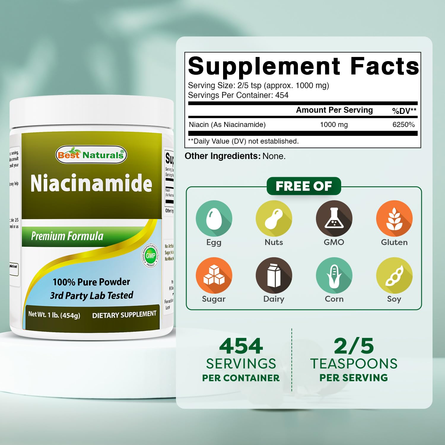 Best Naturals textura del polvo de niacinamida en cuchara, muestra pureza y fácil disolución
