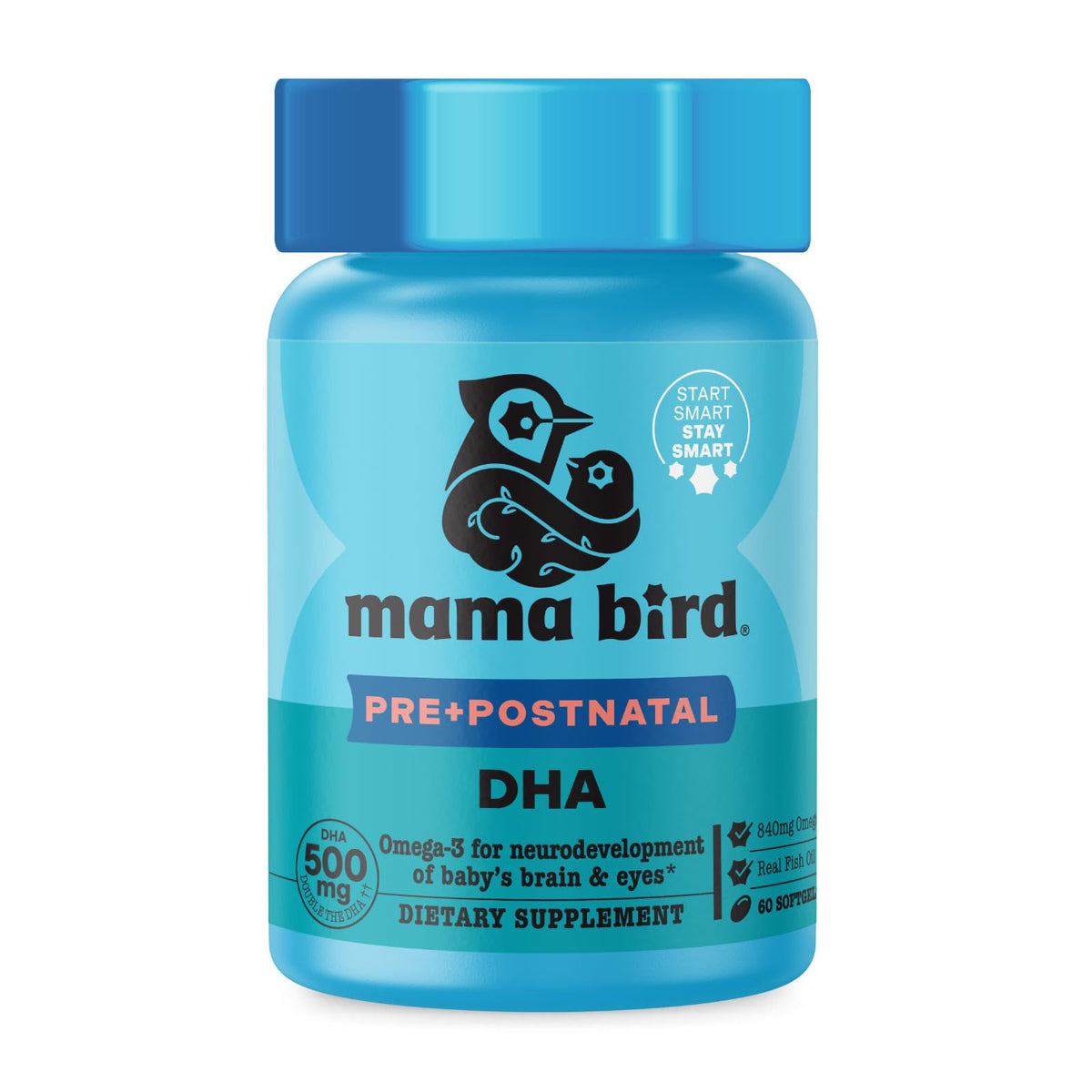 Best Nest Wellness frasco frontal mostrando Mama Bird y beneficio de DHA concentrado