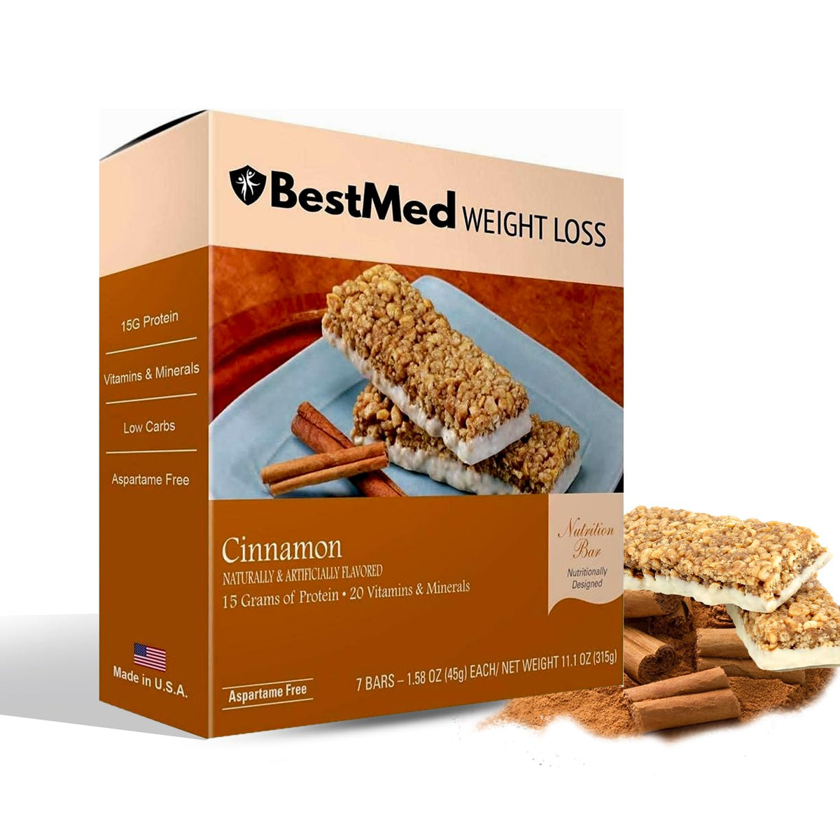 BestMed frontal del empaque mostrando sabor canela y beneficios visibles