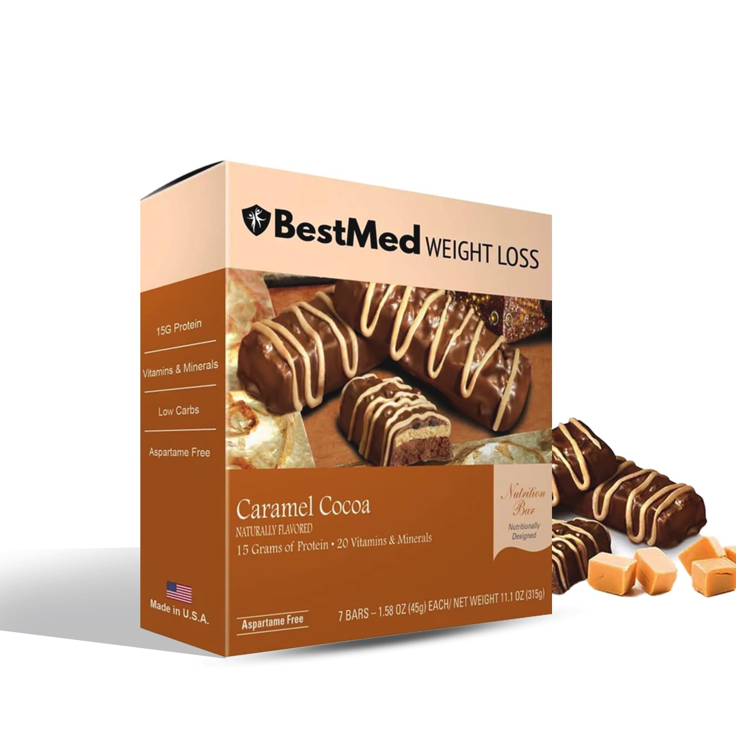 BestMed Weight Loss empaque frontal mostrando sabor Caramel Cocoa y beneficios proteicos