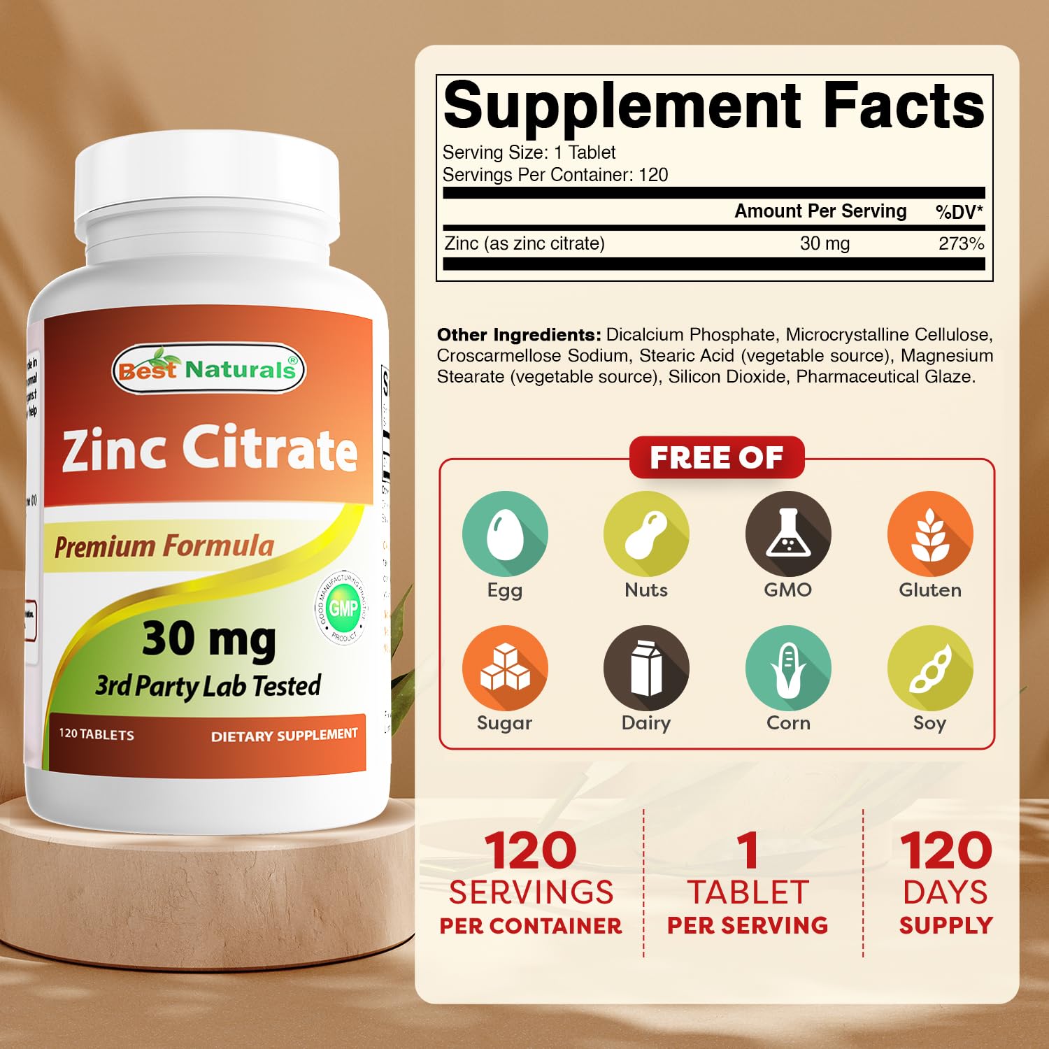 Best Naturals detalle de una tableta de zinc destacando forma y acabado