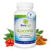 BETACELL frasco frontal de Glucofix mostrando etiqueta y soporte diario