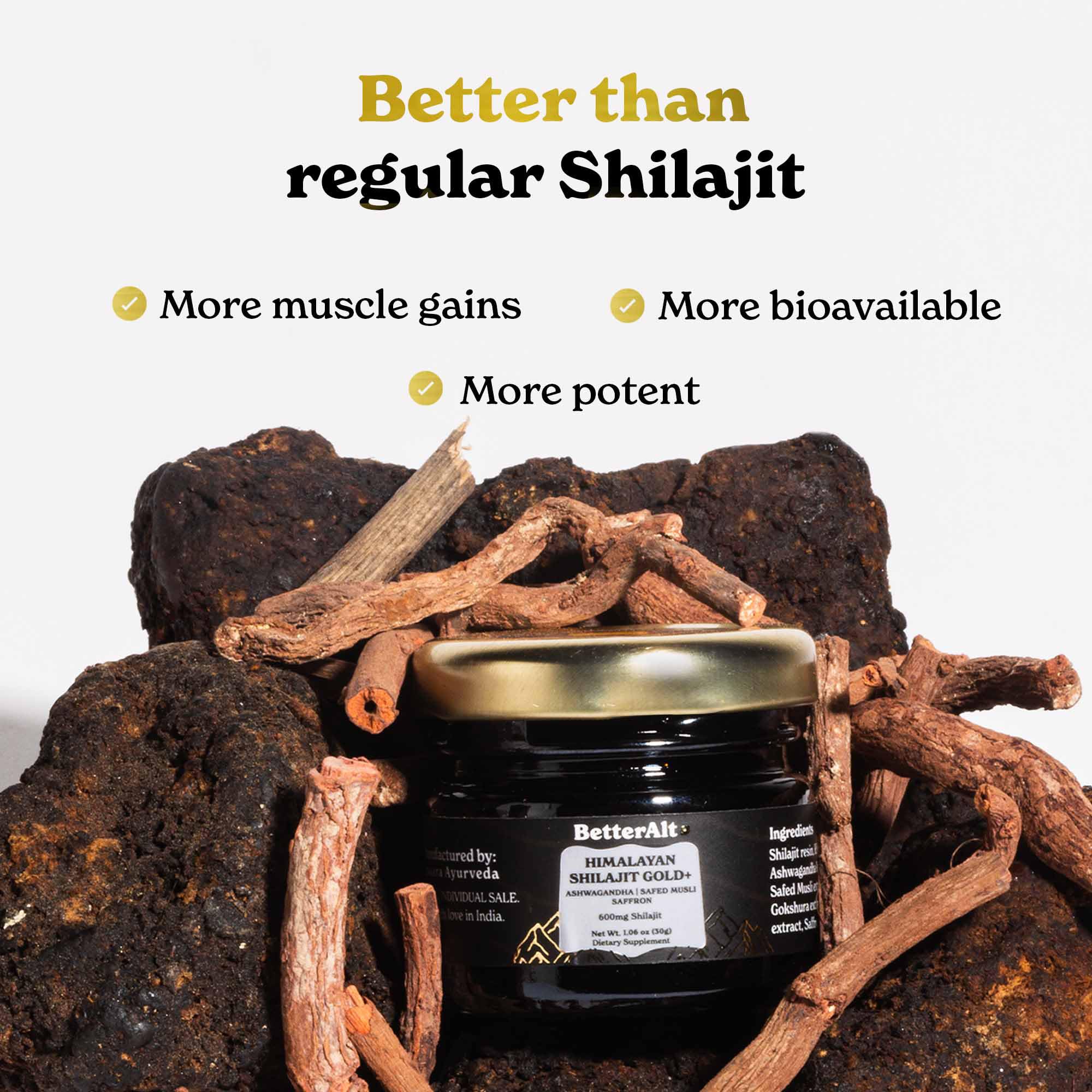 Mezcla de ingredientes Better Alt con Ashwagandha y Safed Musli visibles