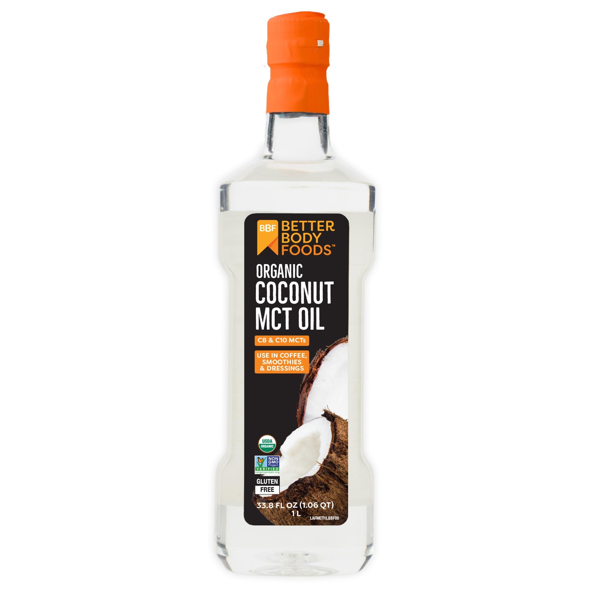 BetterBody Foods botella frontal del aceite MCT, presentación clara y usable