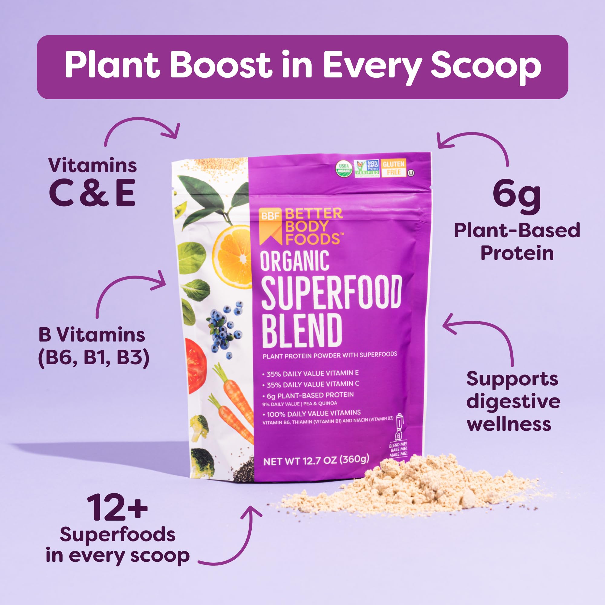 BetterBody Foods polvo vertido en batido, aporte proteico y vitaminas