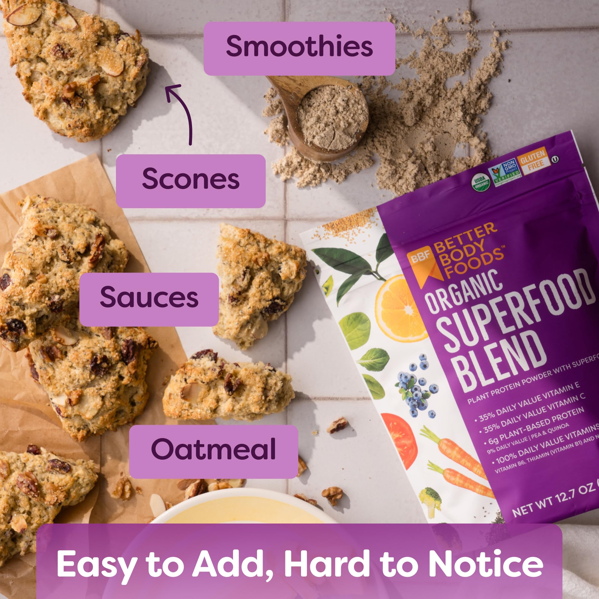 BetterBody Foods cuchara con porción para comparar tamaño y uso