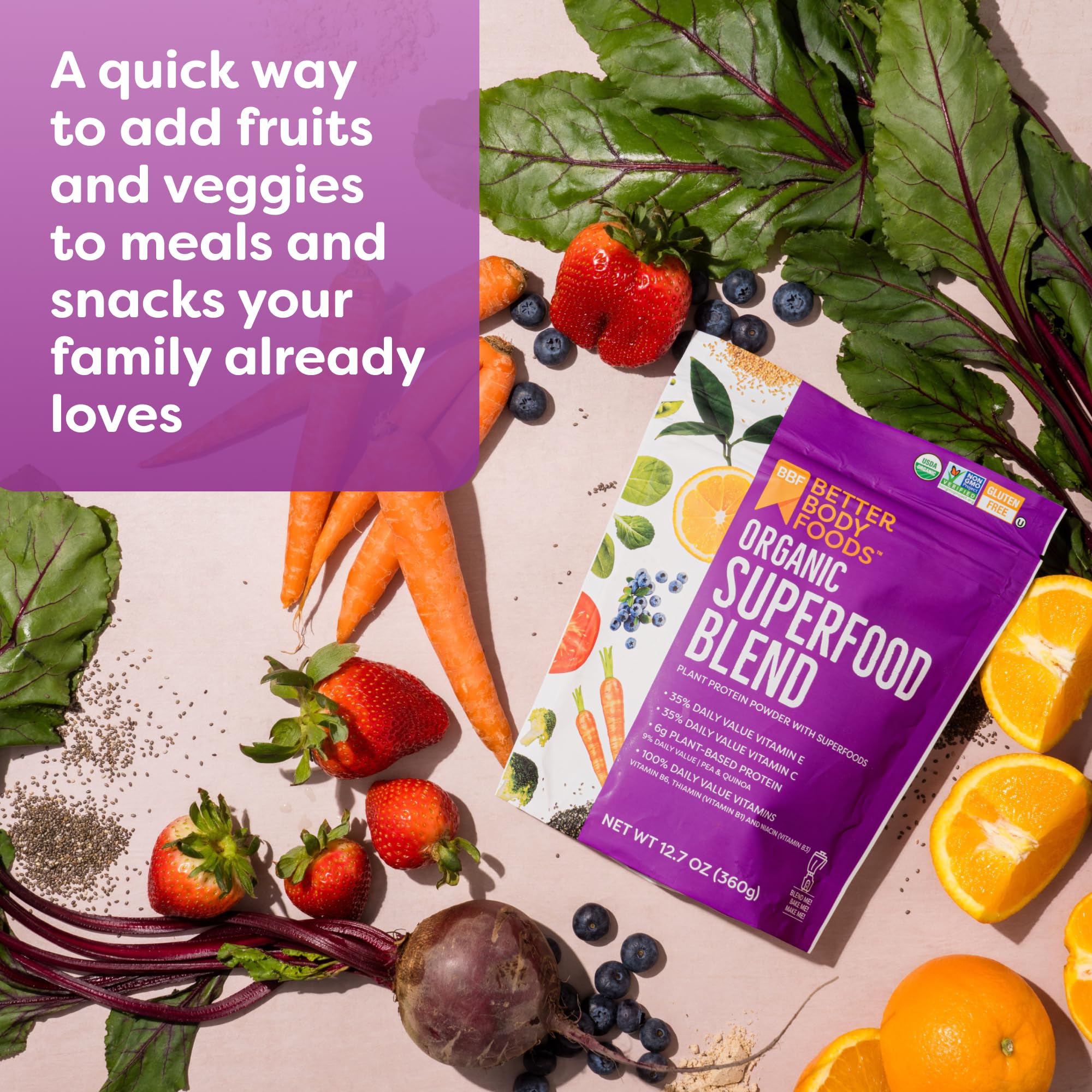 BetterBody Foods textura del polvo cercano, fácil disolución y mezcla
