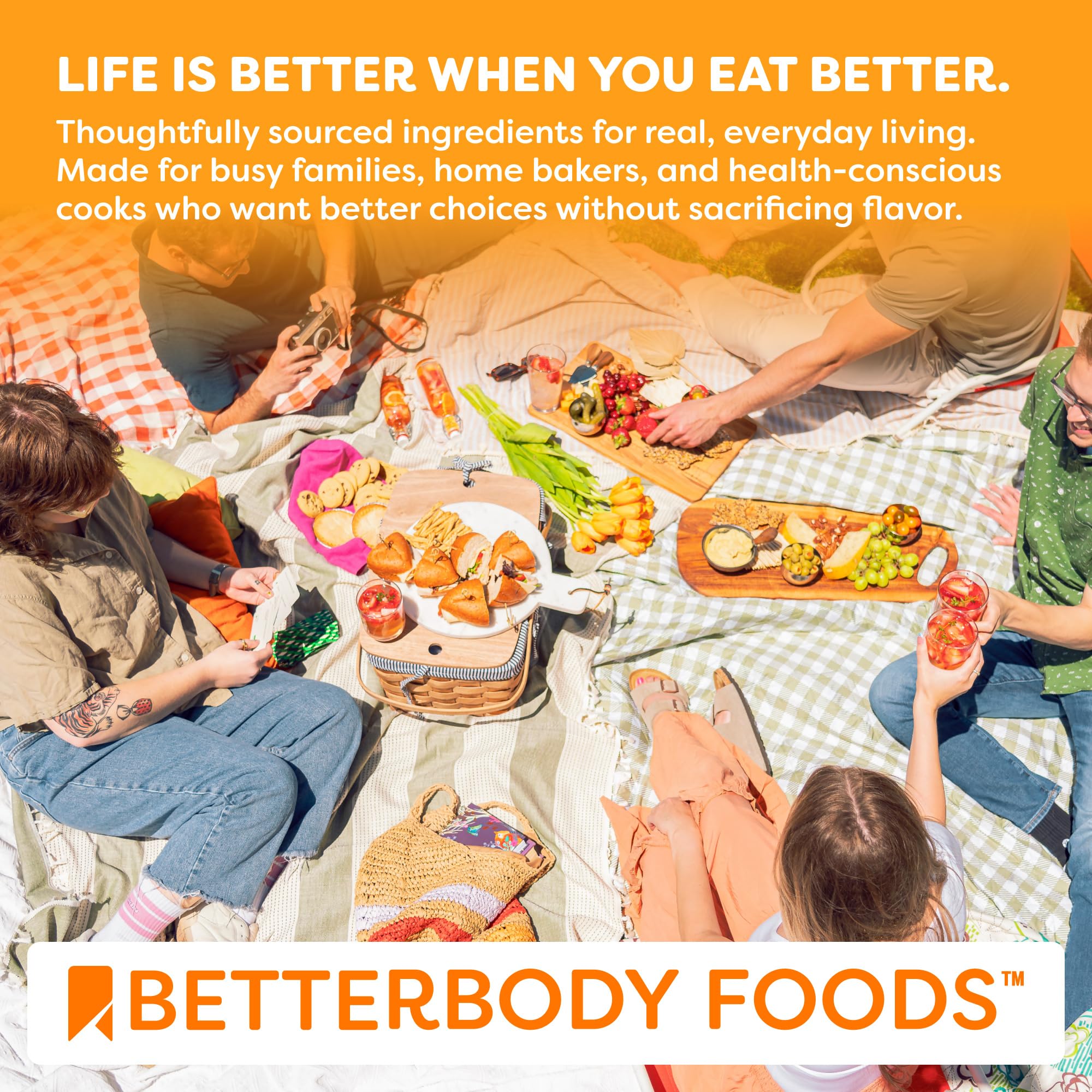 BetterBody Foods envase en cocina sobre gabinete, almacenamiento sencillo a temperatura ambiente