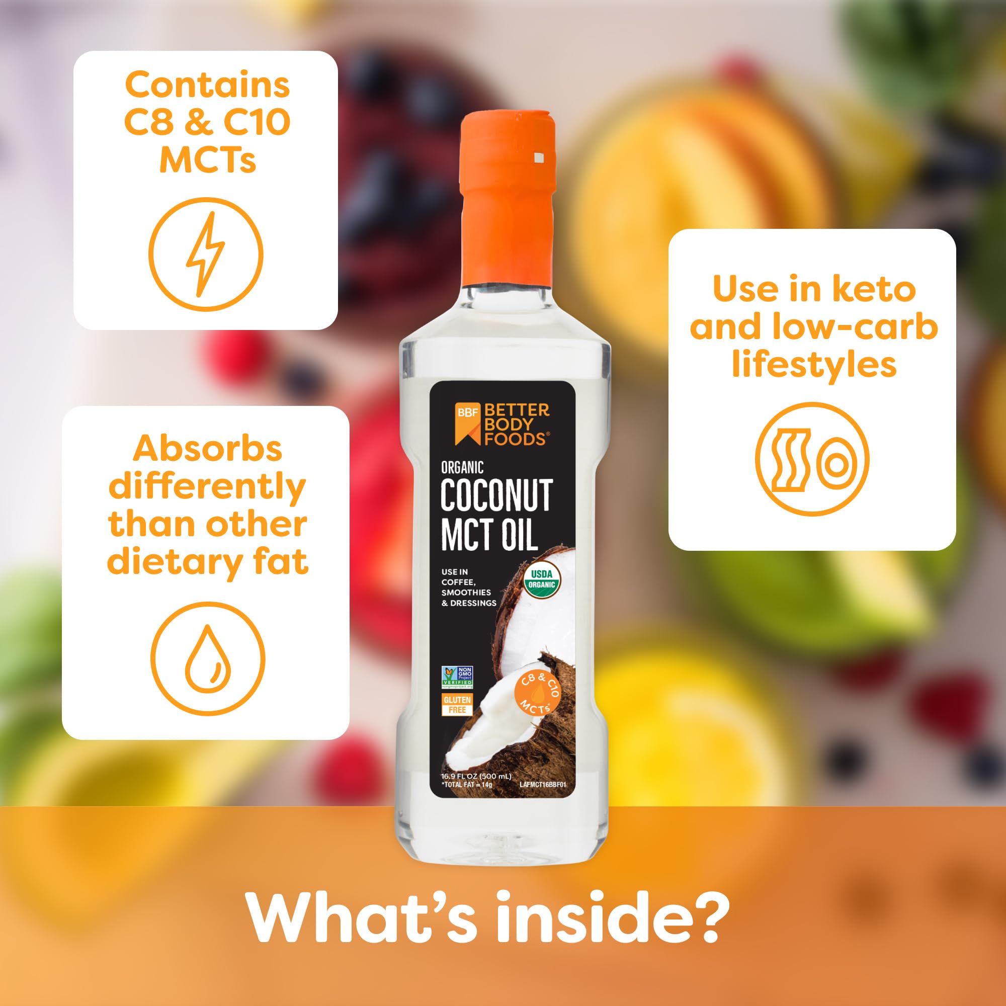 BetterBody Foods vertiendo aceite MCT con cuchara para añadir energía rápida