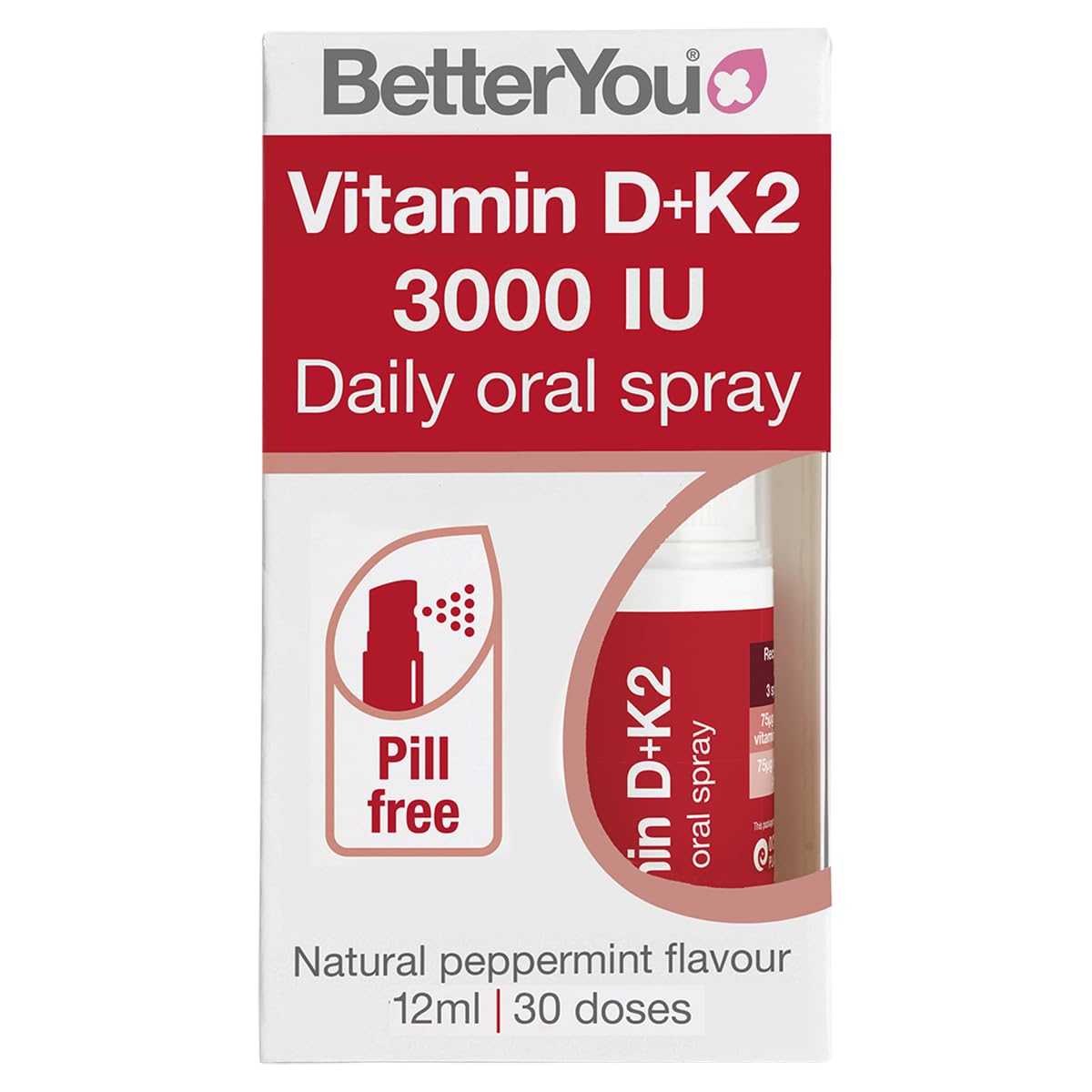 BetterYou spray D3000 K2 frontal mostrando etiqueta y fácil dosificación