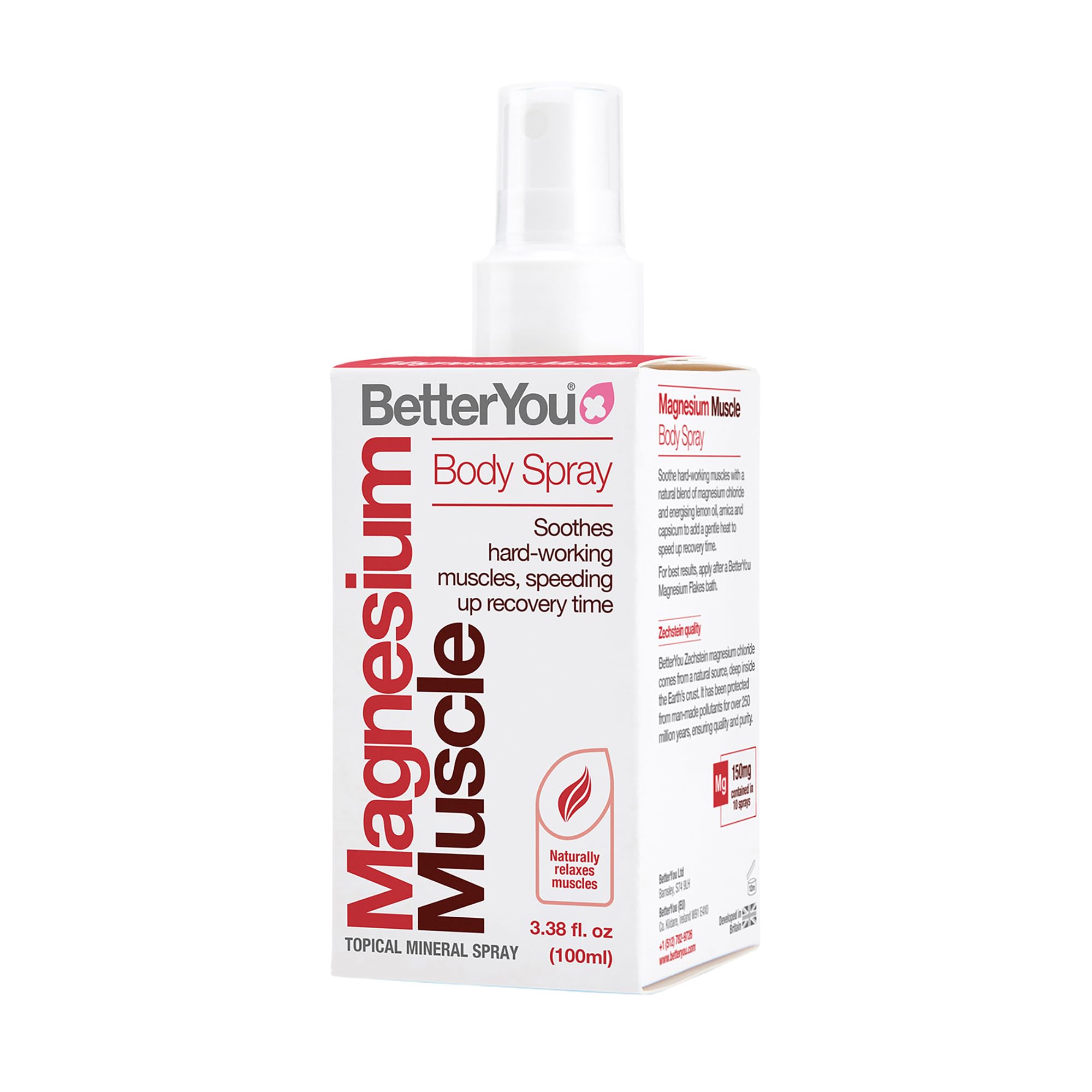 BetterYou envase frontal del Magnesium Muscle Body Spray mostrando la marca y beneficios