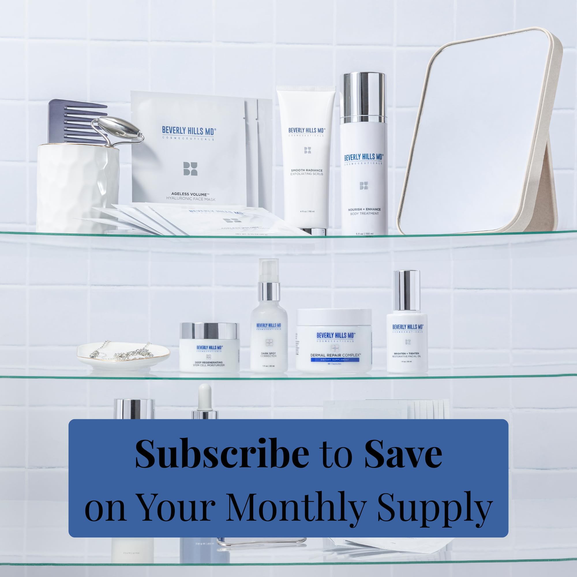 Beverly Hills MD suplemento junto a productos de día para rutina completa