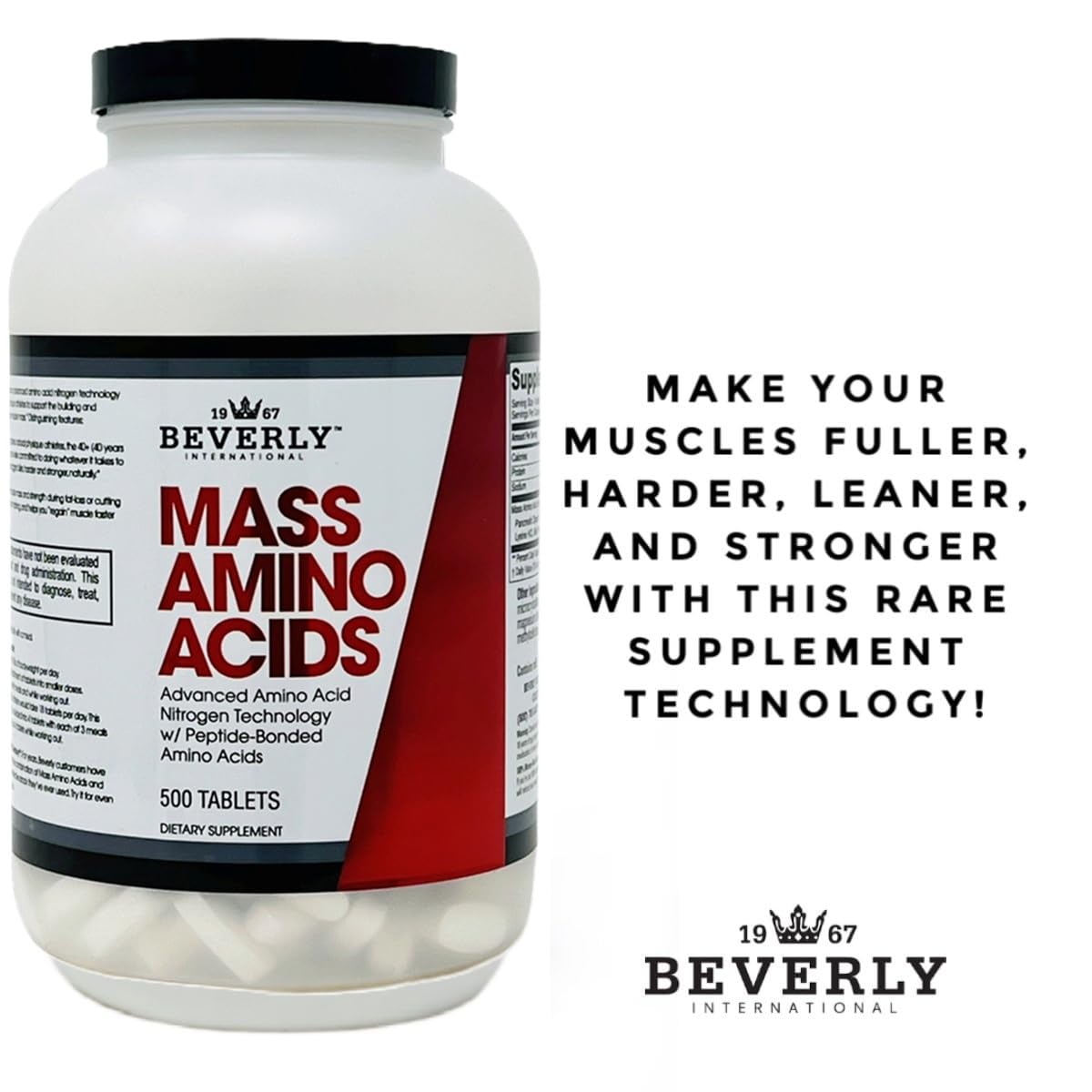 Beverly International tabletas Mass Amino junto a una comida para complementar proteína